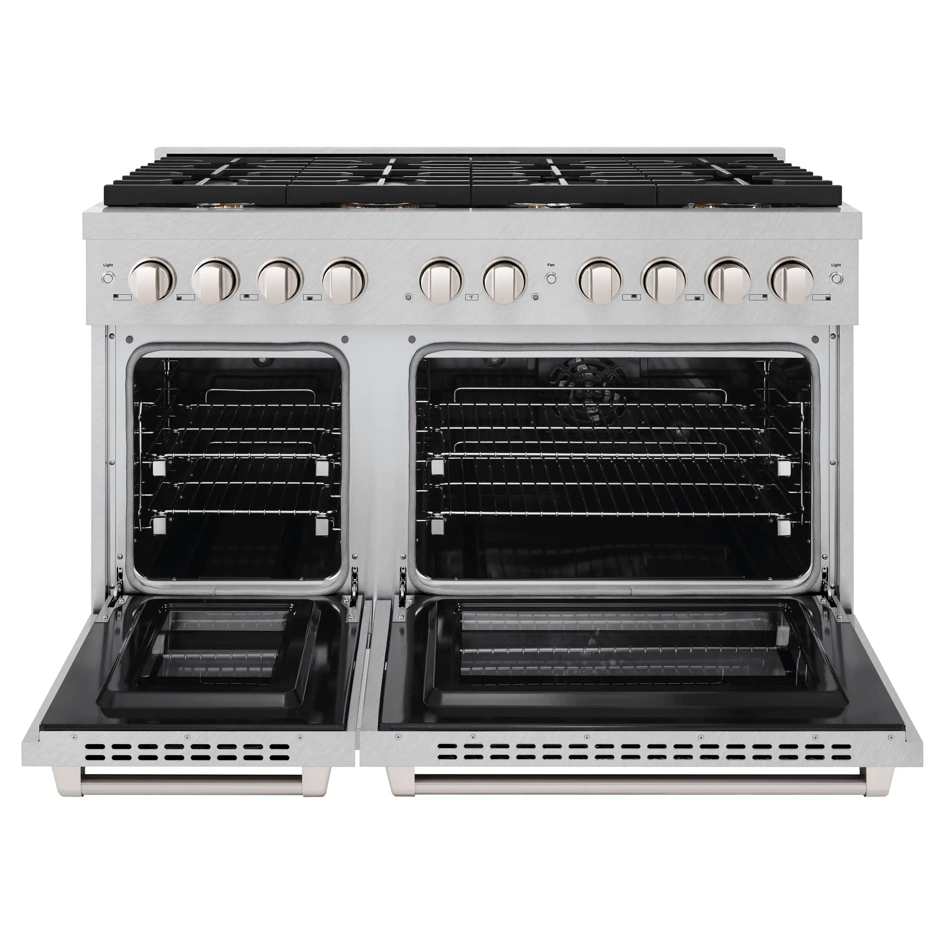 Open dual oven doors showing two black oven interiors and wire racks