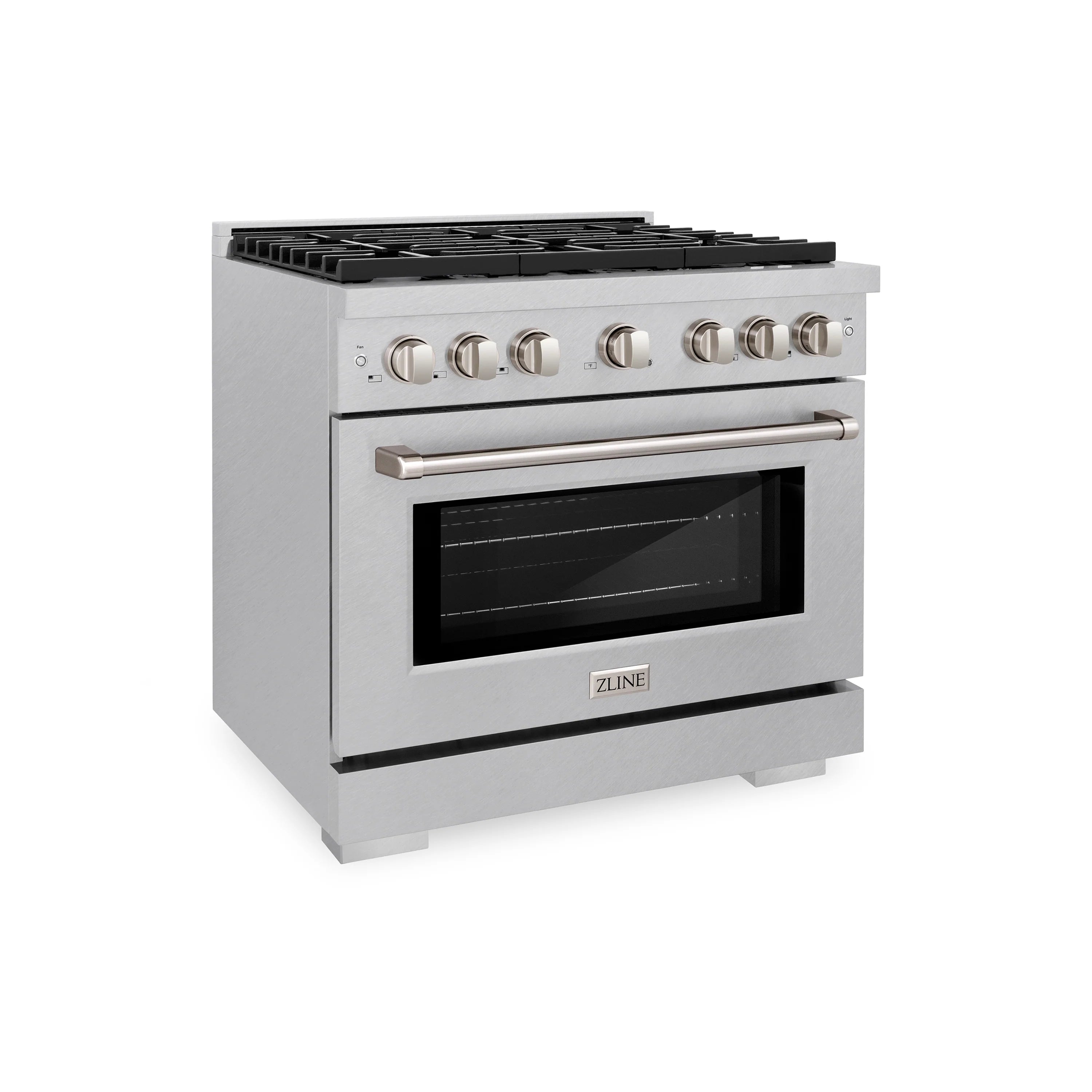 Stainless steel gas range with control knobs and oven window