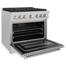 ZLINE 3-Piece Appliance Package - 36-inch Gas Range, Tall Tub Dishwasher & Premium Wall Mount Hood in Satin Stainless Steel (3KP-SGRSRH36-DWV)