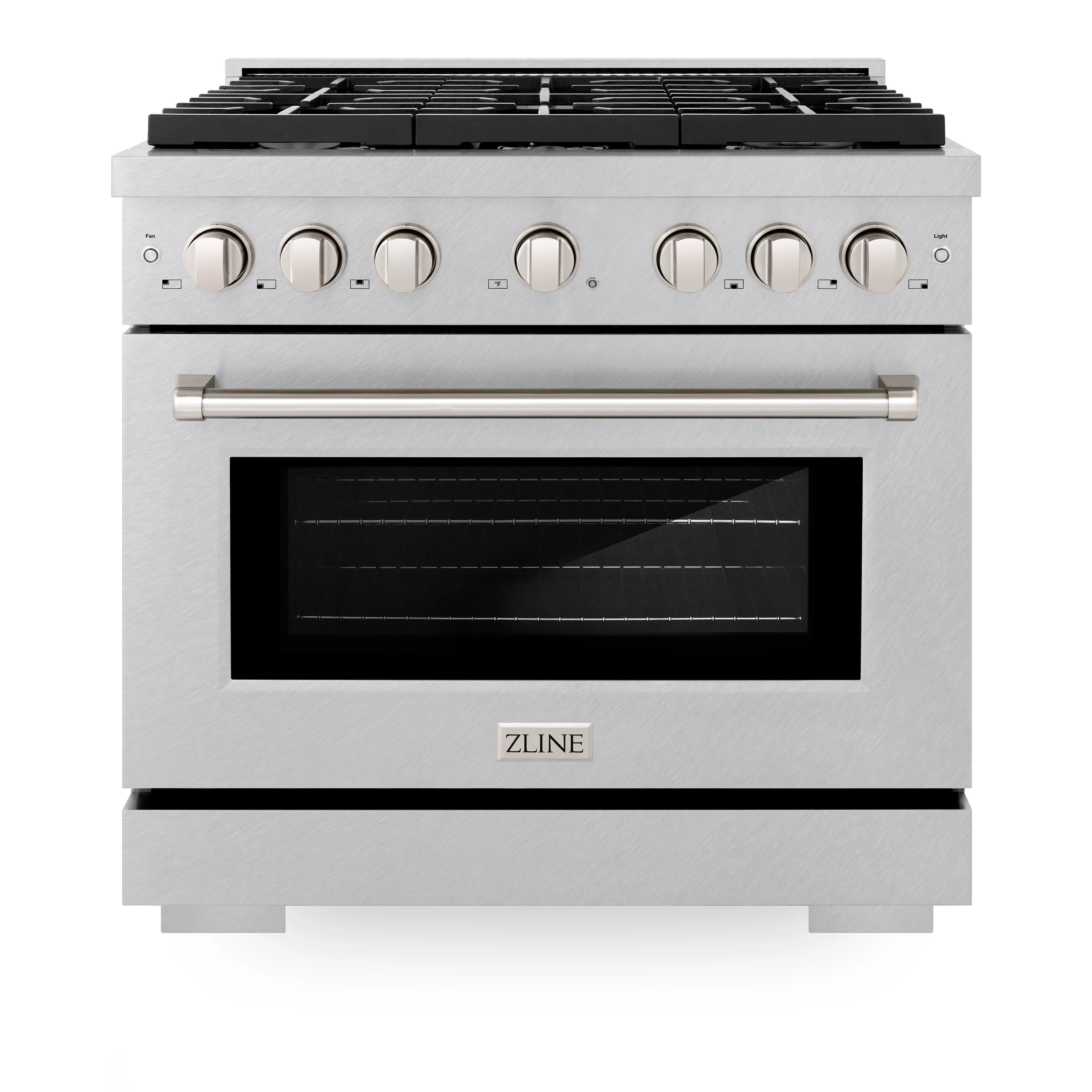Satin stainless ZLINE gas range front with black grates, brass knobs, and oven window