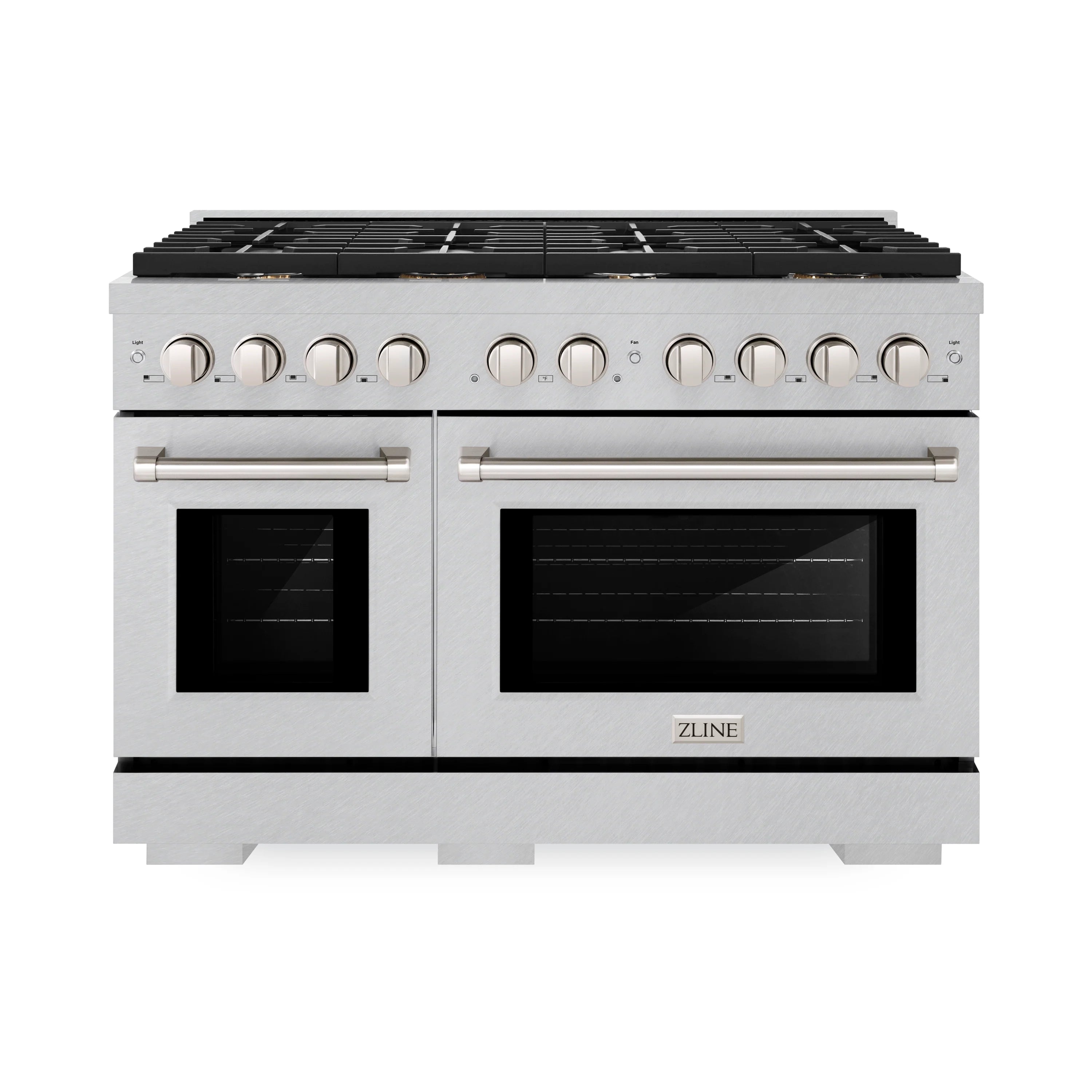 Stainless steel gas range with dual ovens and 8 burner grates, front view