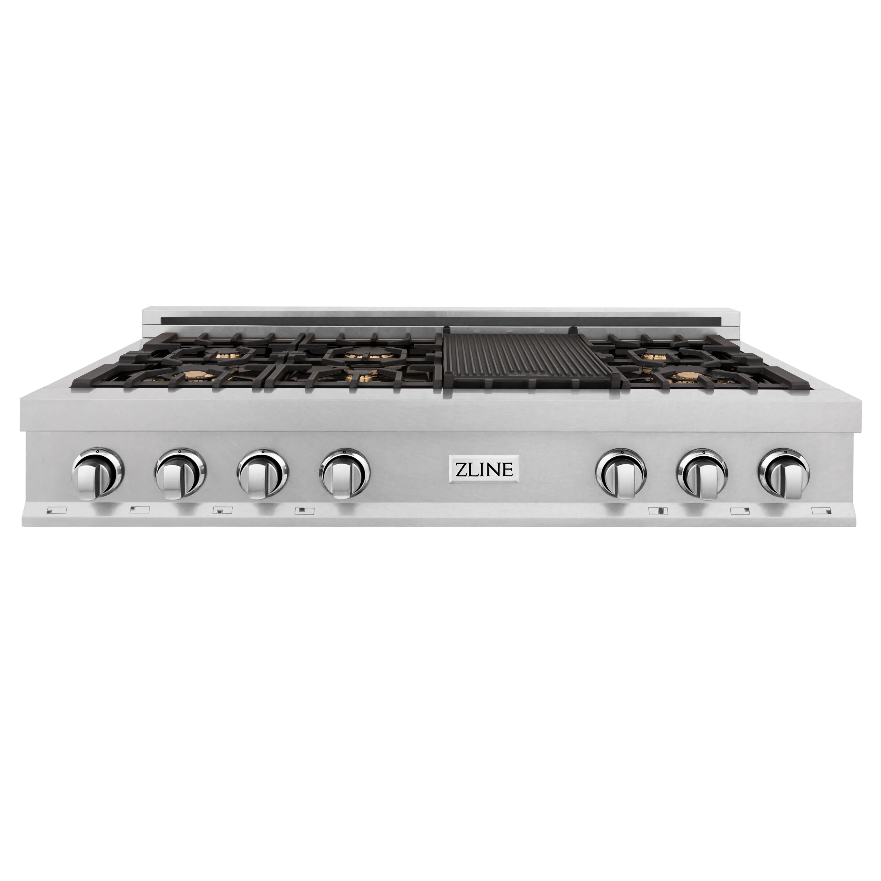 Stainless steel gas rangetop front with black grates, ridged griddle, and knobs