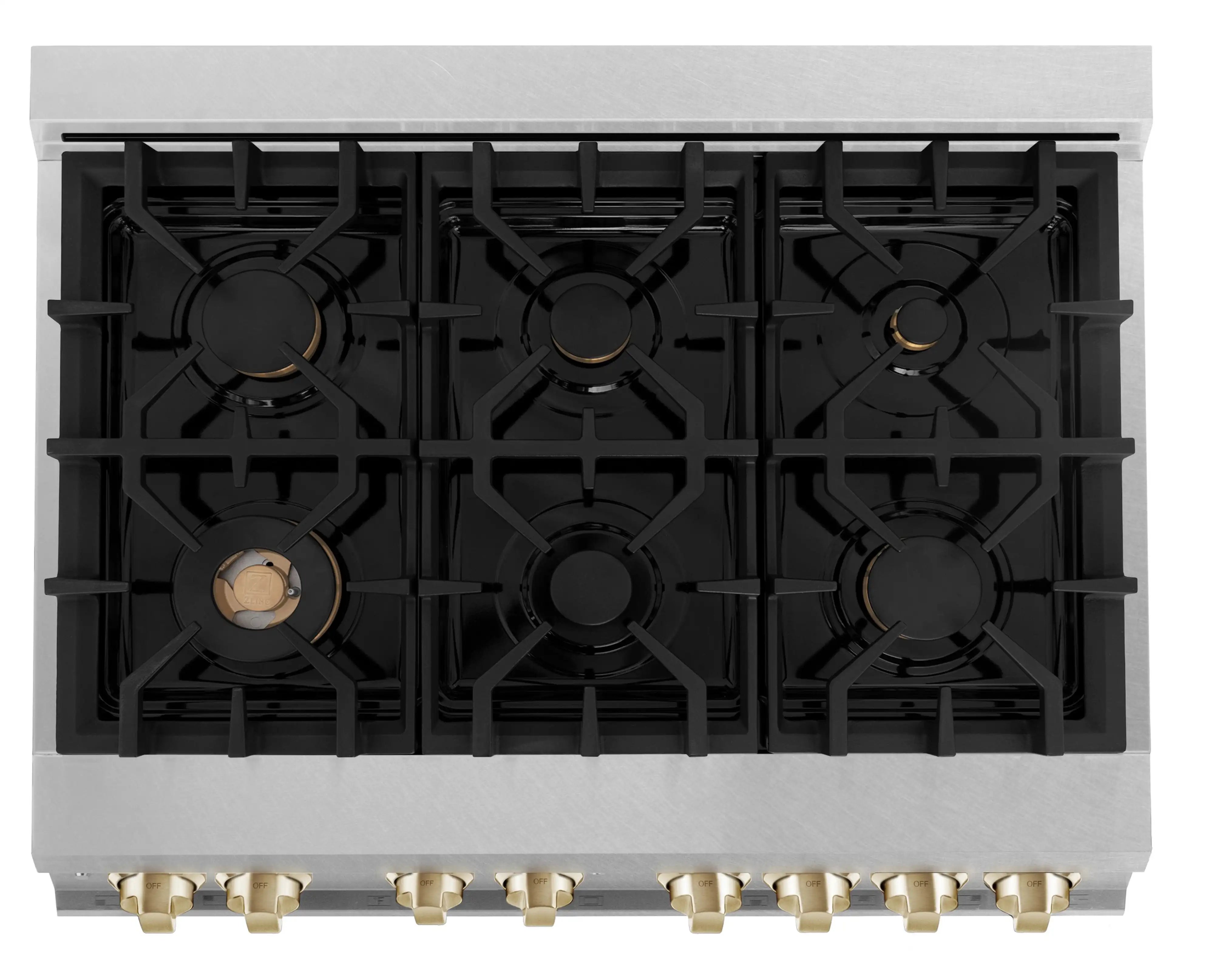 Dual fuel range cooktop with black grates and gold-ring burner knobs