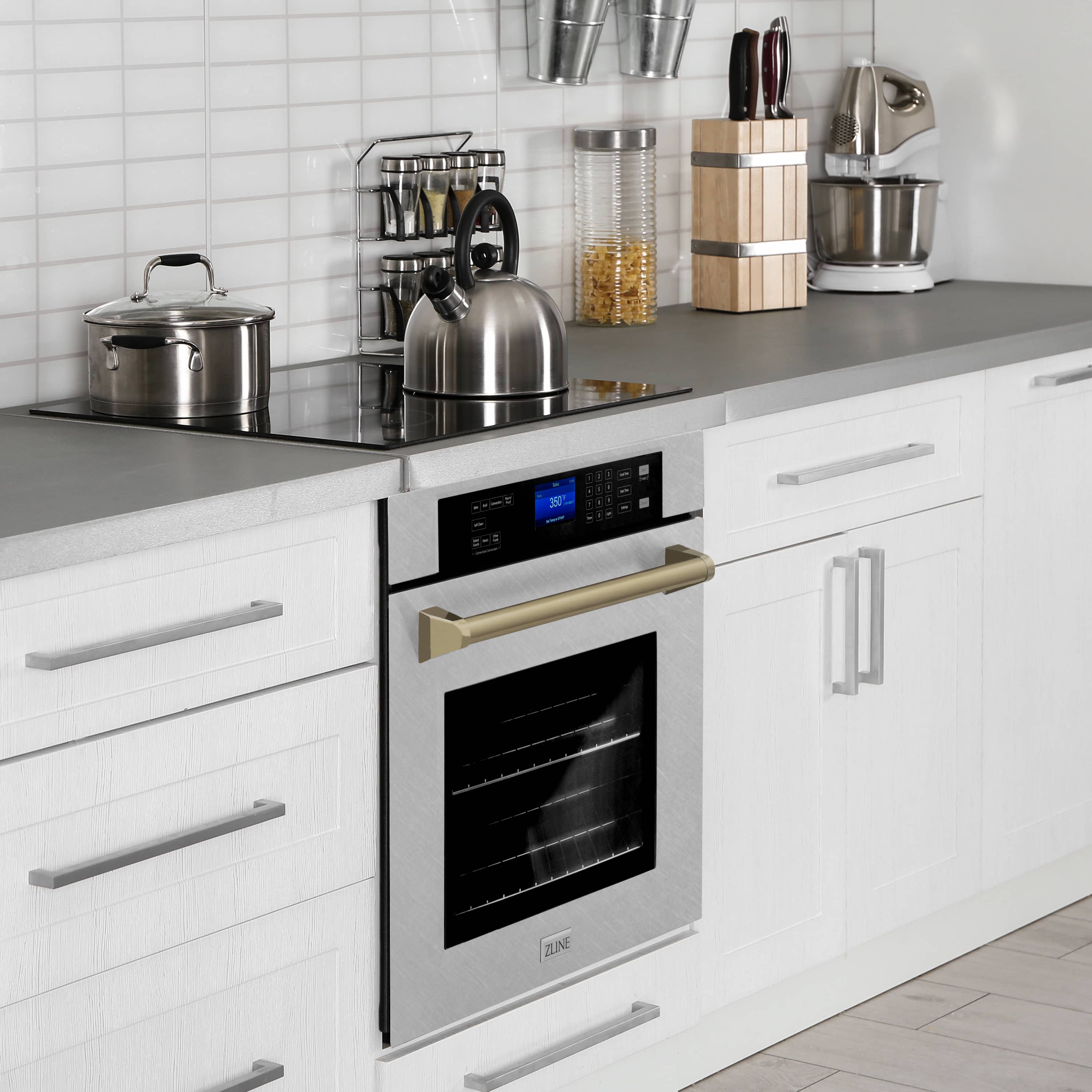 Built-in single wall oven with control panel and satin stainless door, champagne bronze handle
