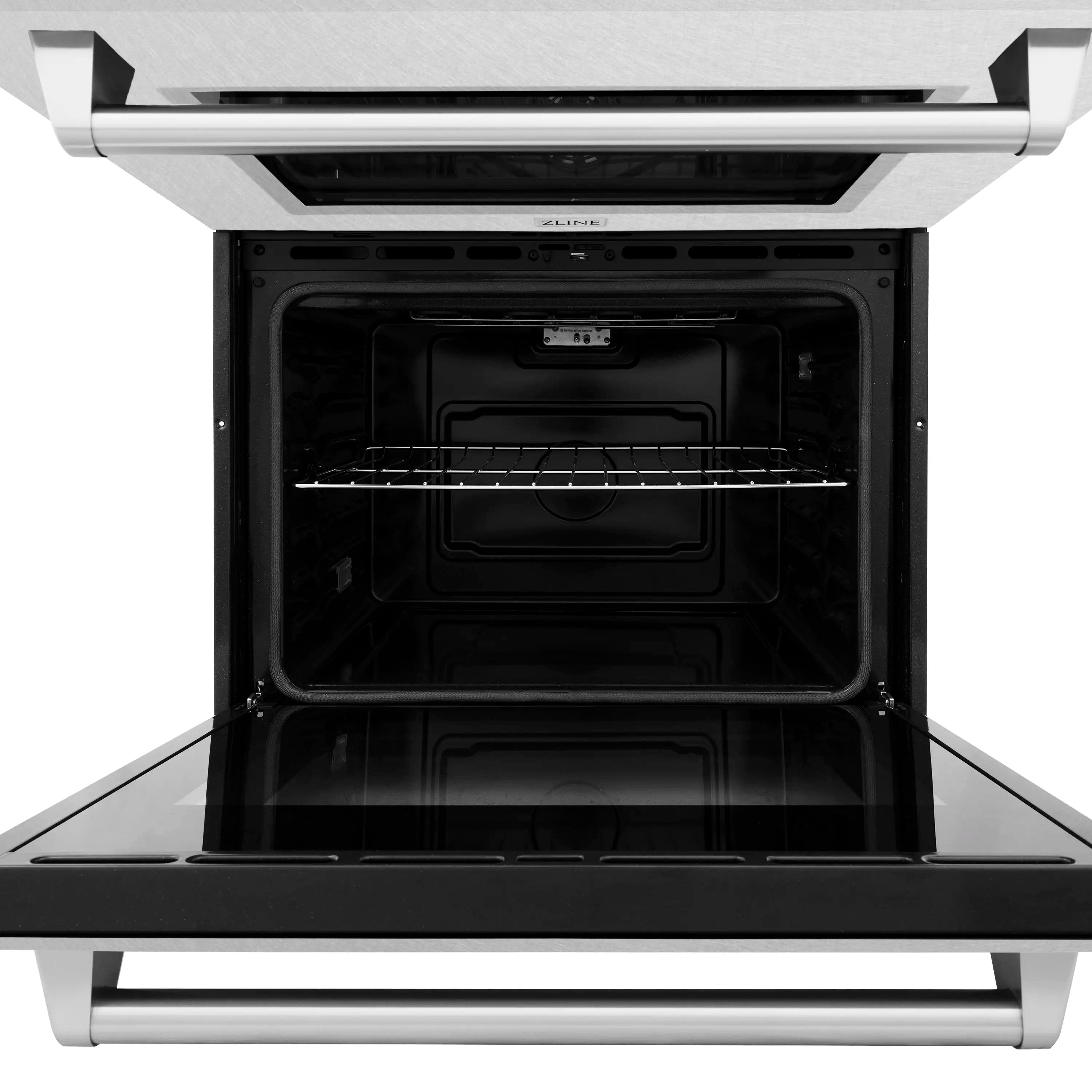 Stainless oven cavity with upper rack and clean black interior, doors fully open
