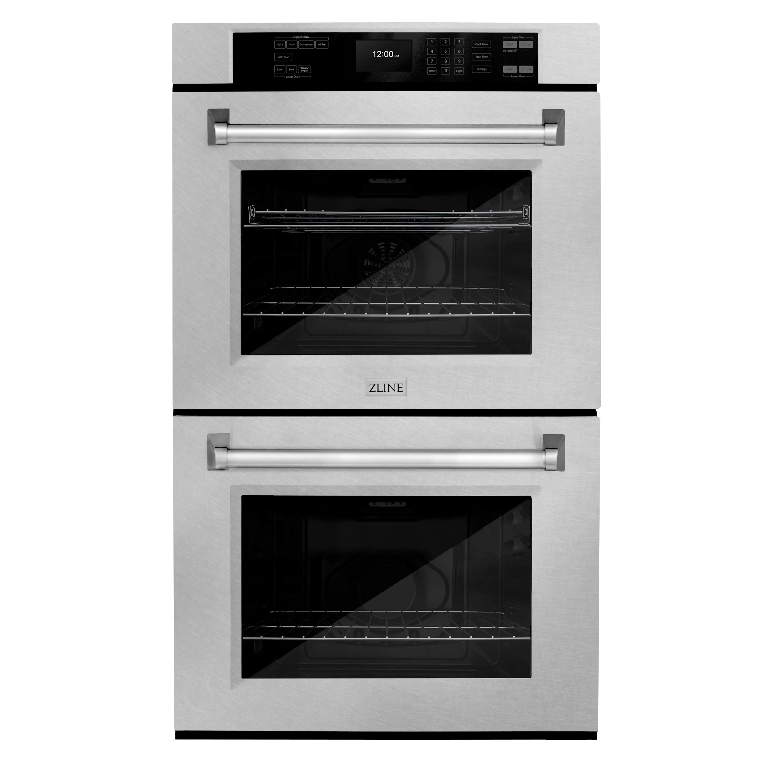 Double wall oven in satin stainless steel with two glass doors and horizontal handles