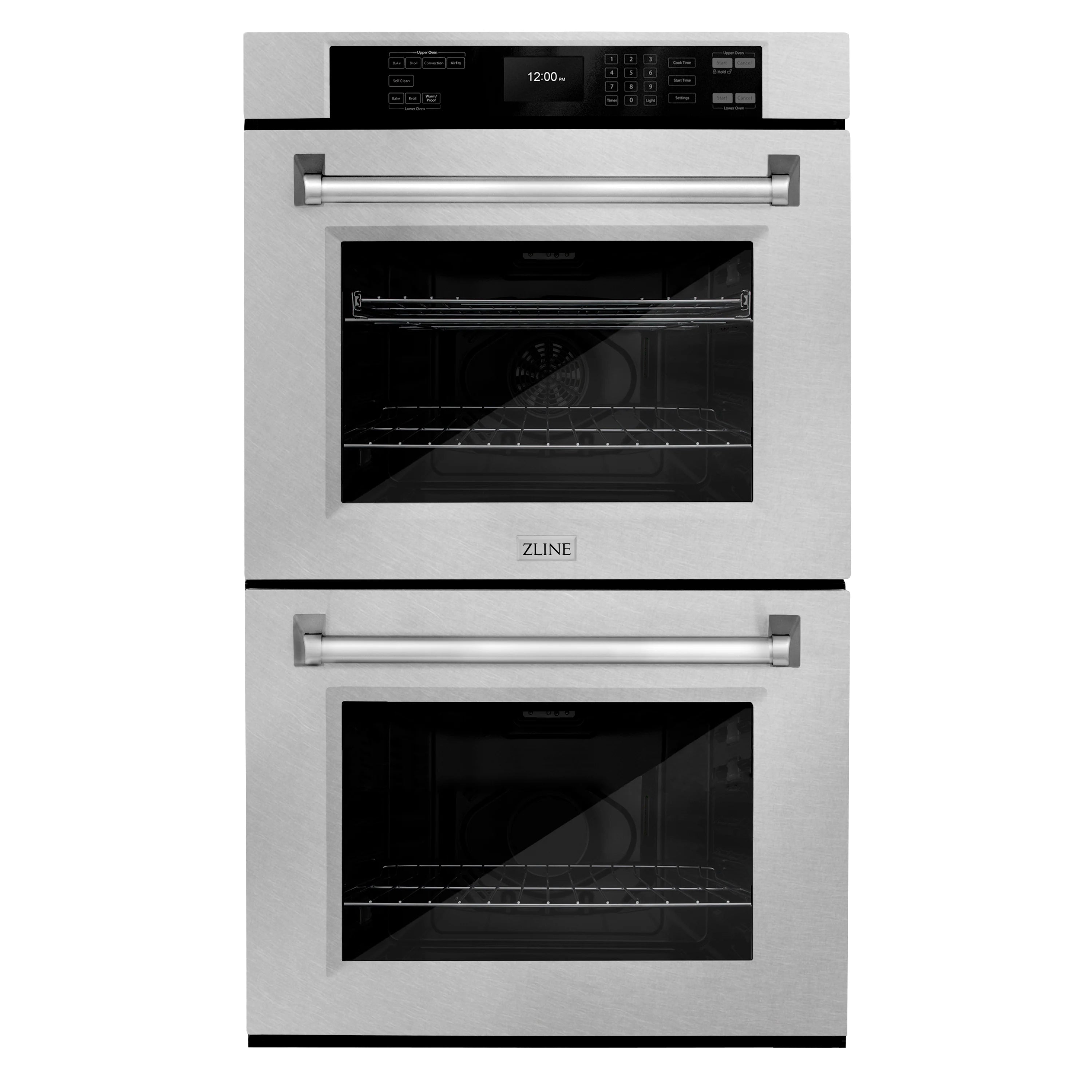Stainless steel double wall oven front view with top and bottom glass doors