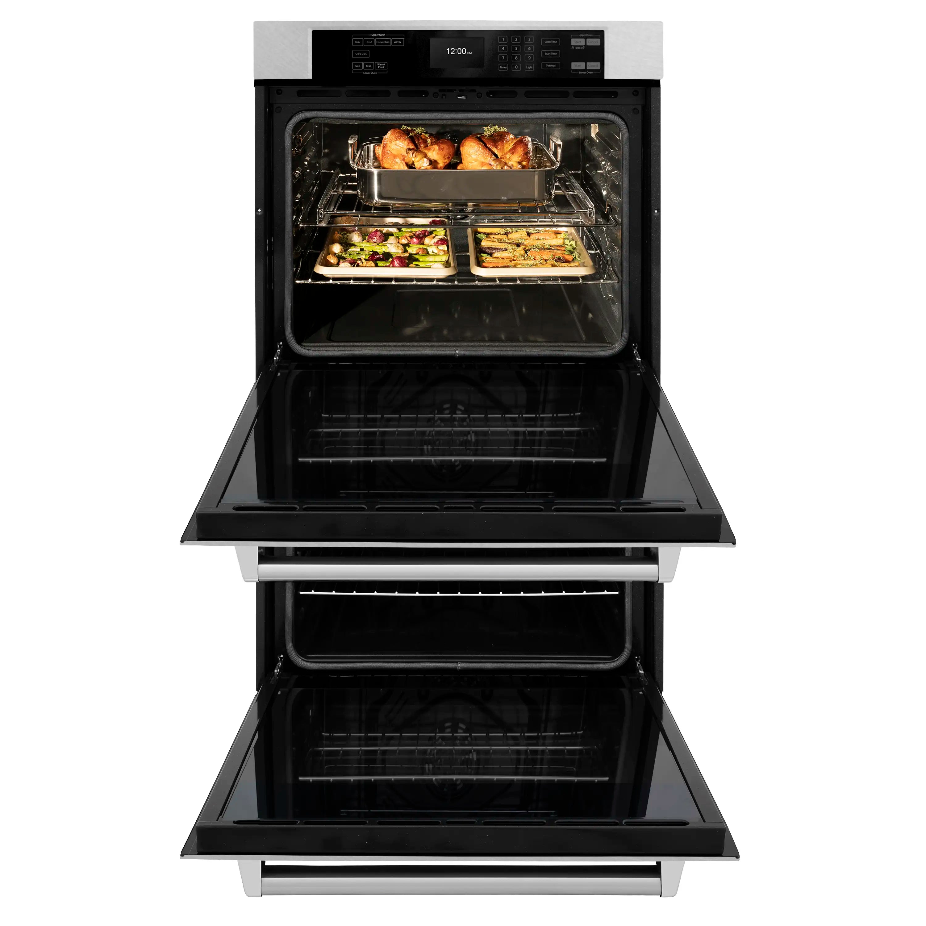 Stainless double wall oven with both doors open, showing racks and baking trays with food