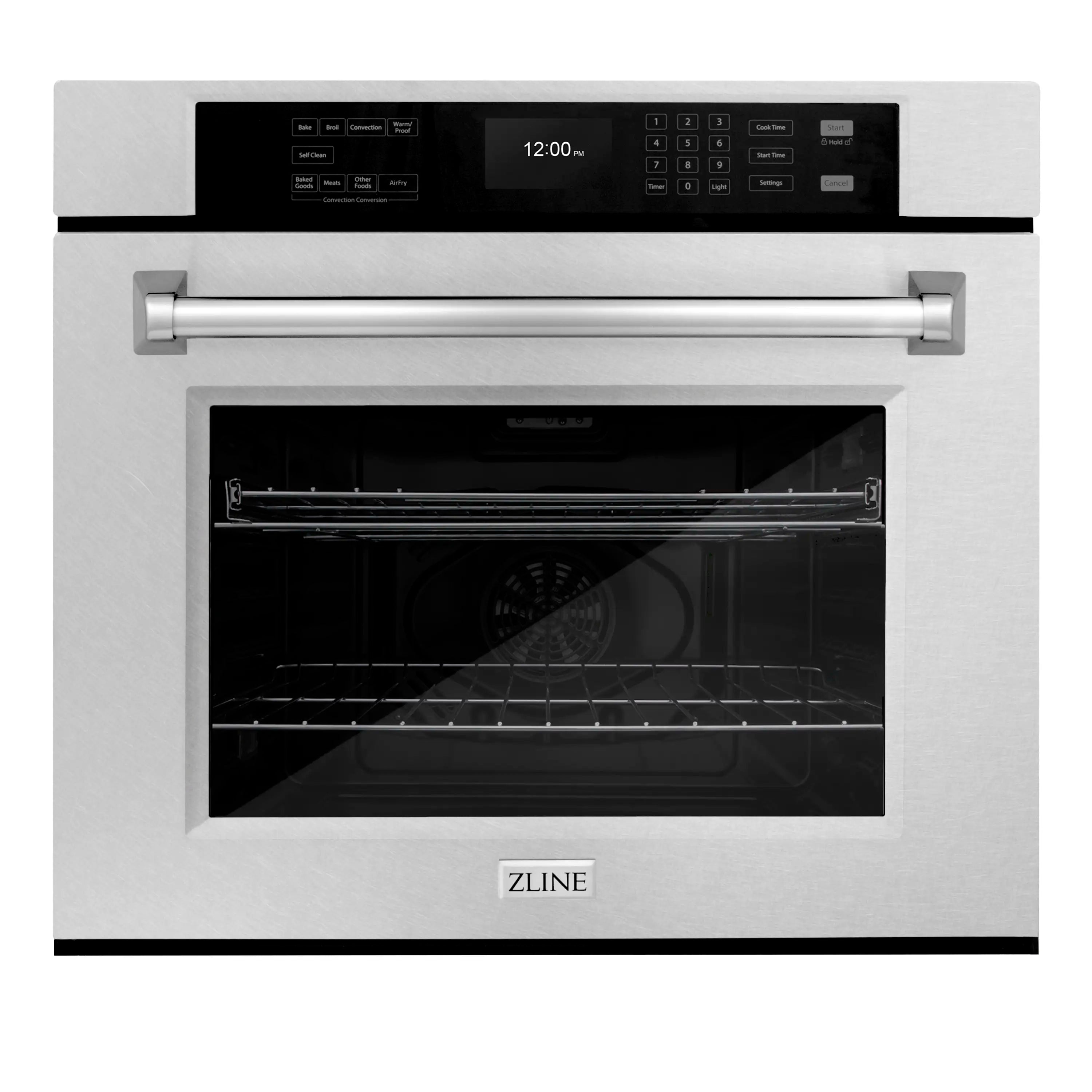 Single wall oven front view with door open, showing dark convection interior