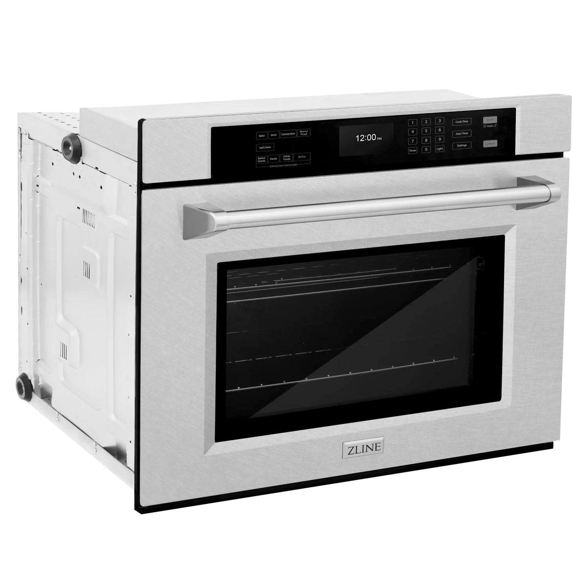 Satin stainless steel single wall oven with control panel and open-door window