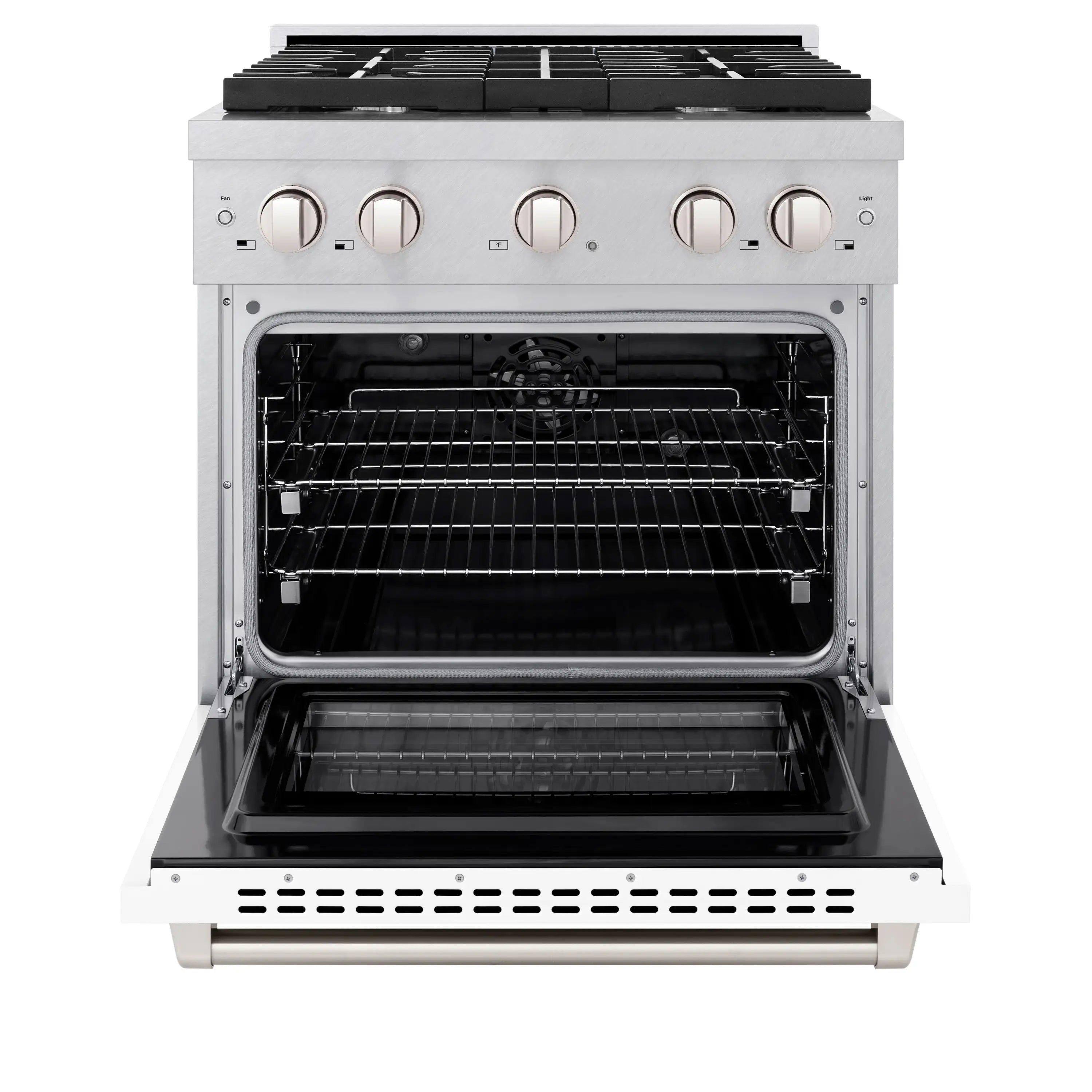 Dual fuel range with oven door open, showing wire racks and interior cavity