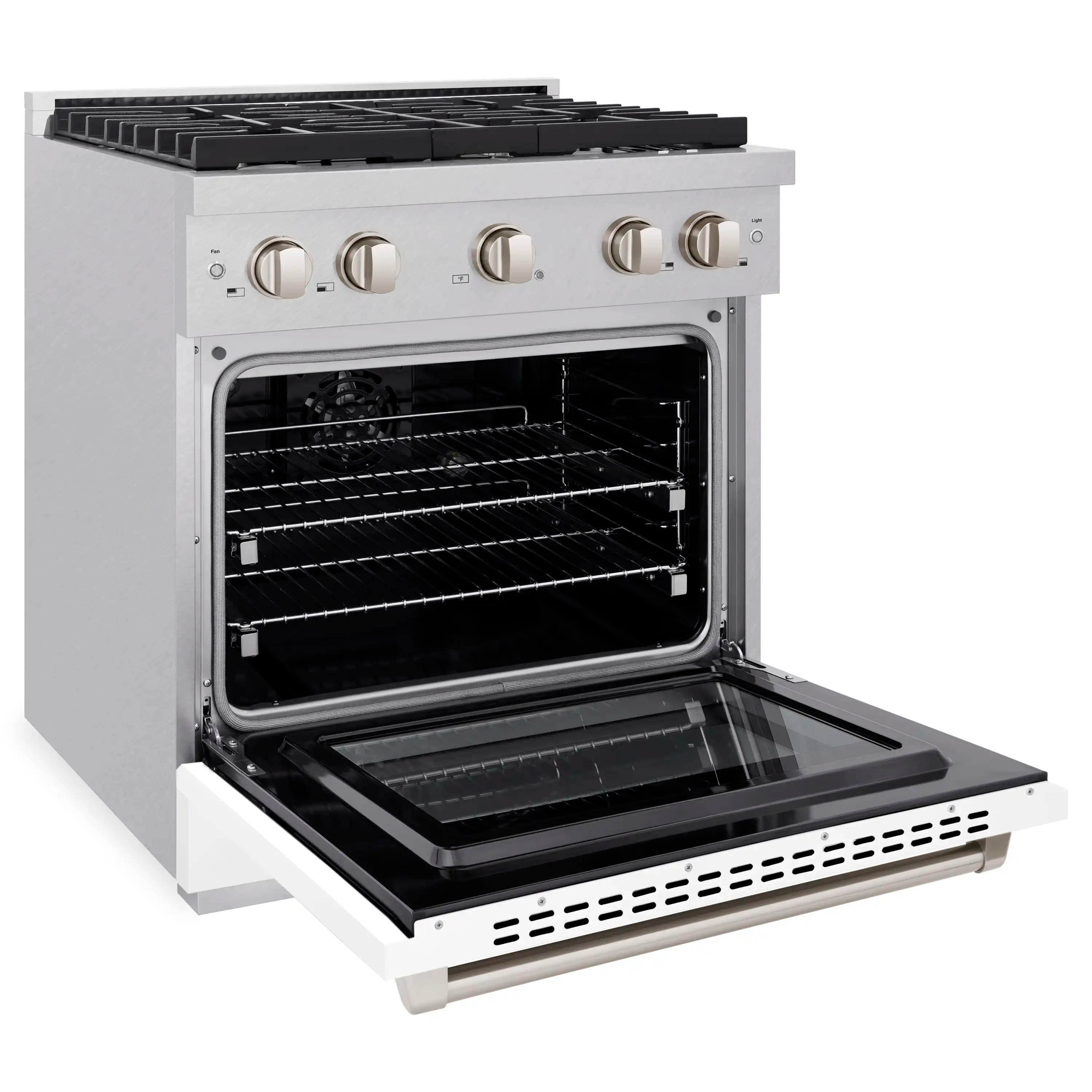 Dual fuel range with oven door open, showing bake surface and racks in stainless