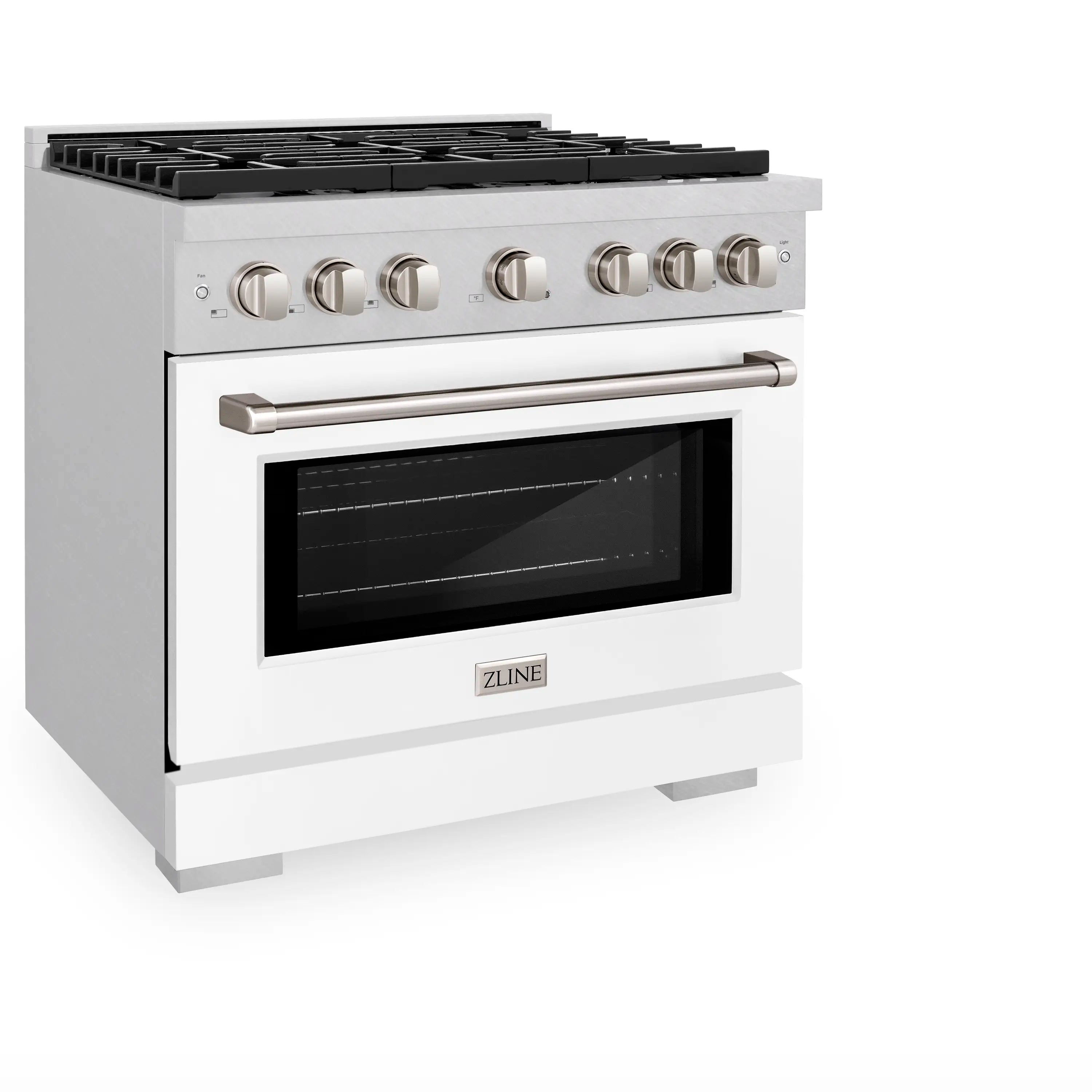 Dual fuel range front view with satin stainless control knobs and black glass oven door