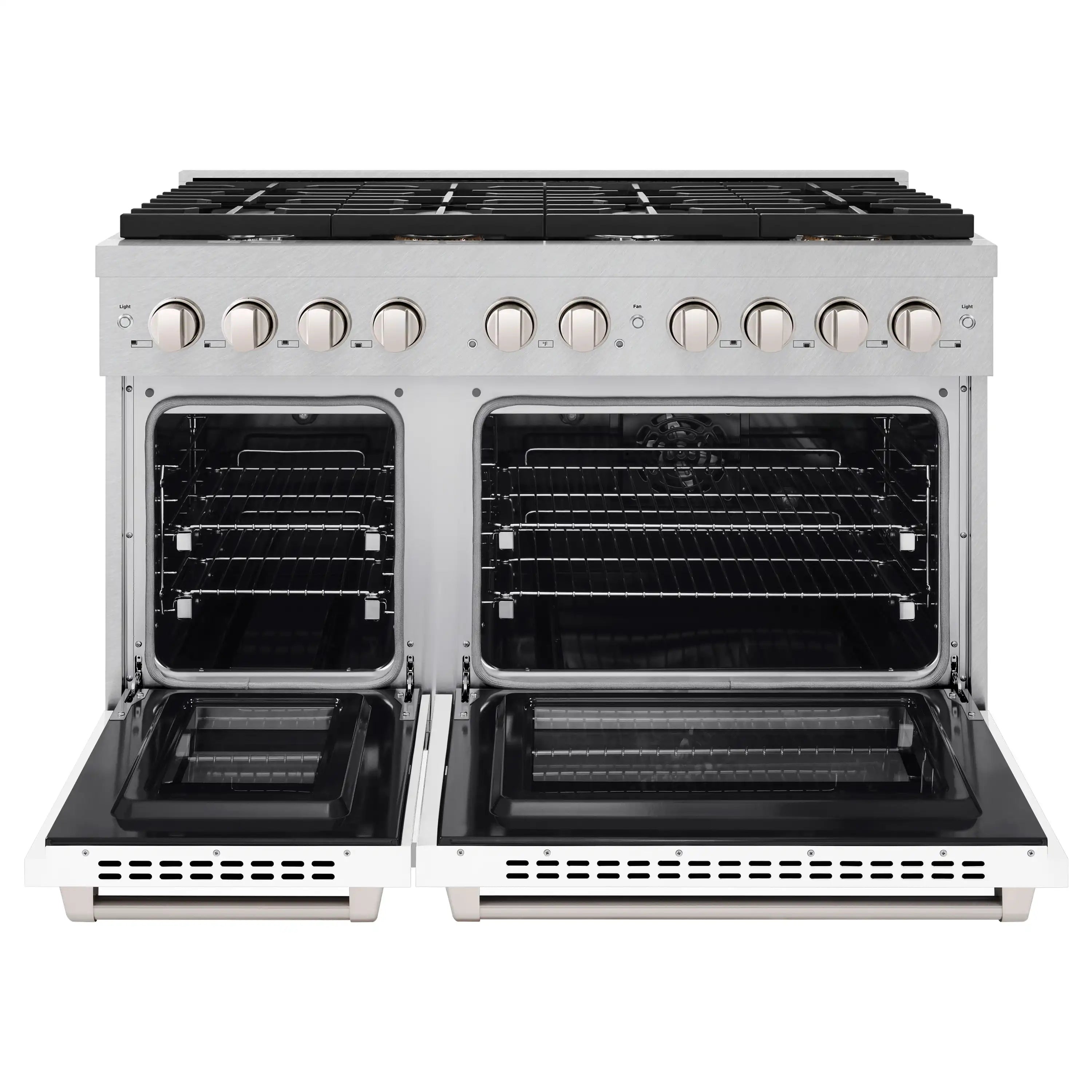 Open double oven range with two black oven interiors and front heating elements