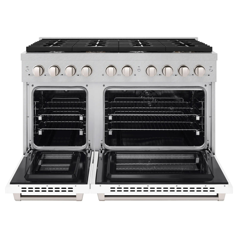 ZLINE 48-Inch 6.7 cu. ft. Paramount Double Oven Dual Fuel Range with 8 Burner Gas Cooktop in DuraSnow Stainless Steel with White Matte Doors (SDRS-WM-48)