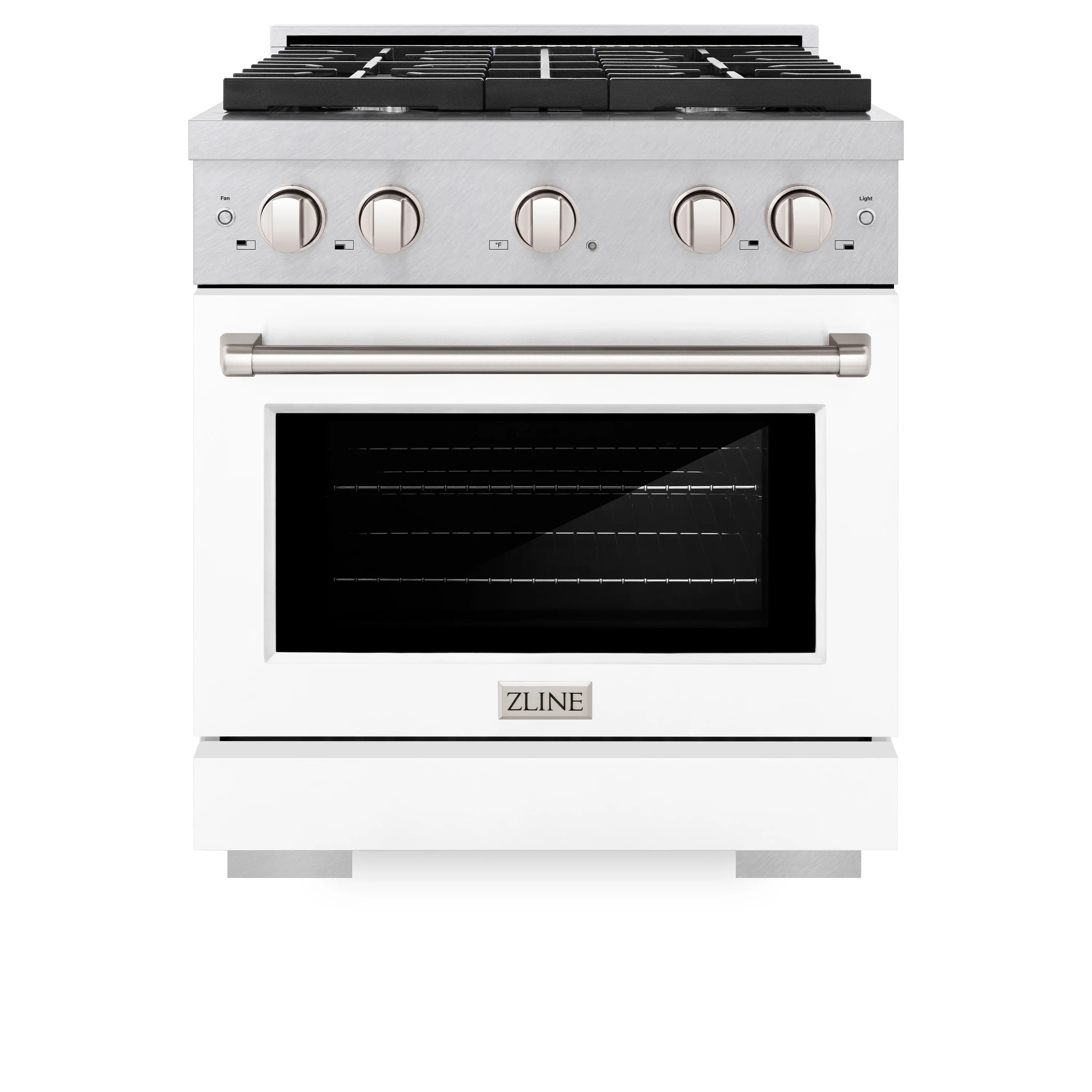 Stainless steel gas range with four knobs, handle, and white matte oven door