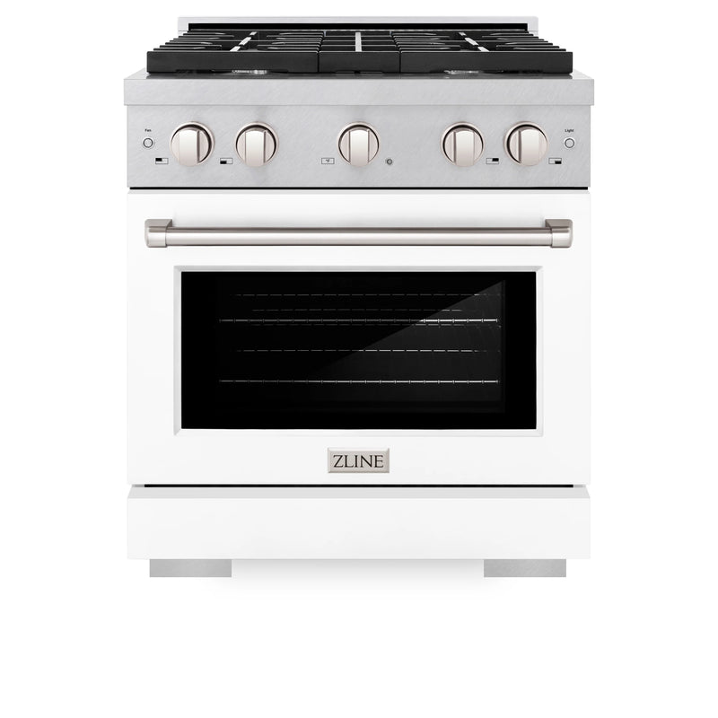 ZLINE 2-Piece Appliance Package - 30-inch Gas Range & Premium Range Hood in DuraSnow Stainless Steel with White (2KP-RGSWMRH30)