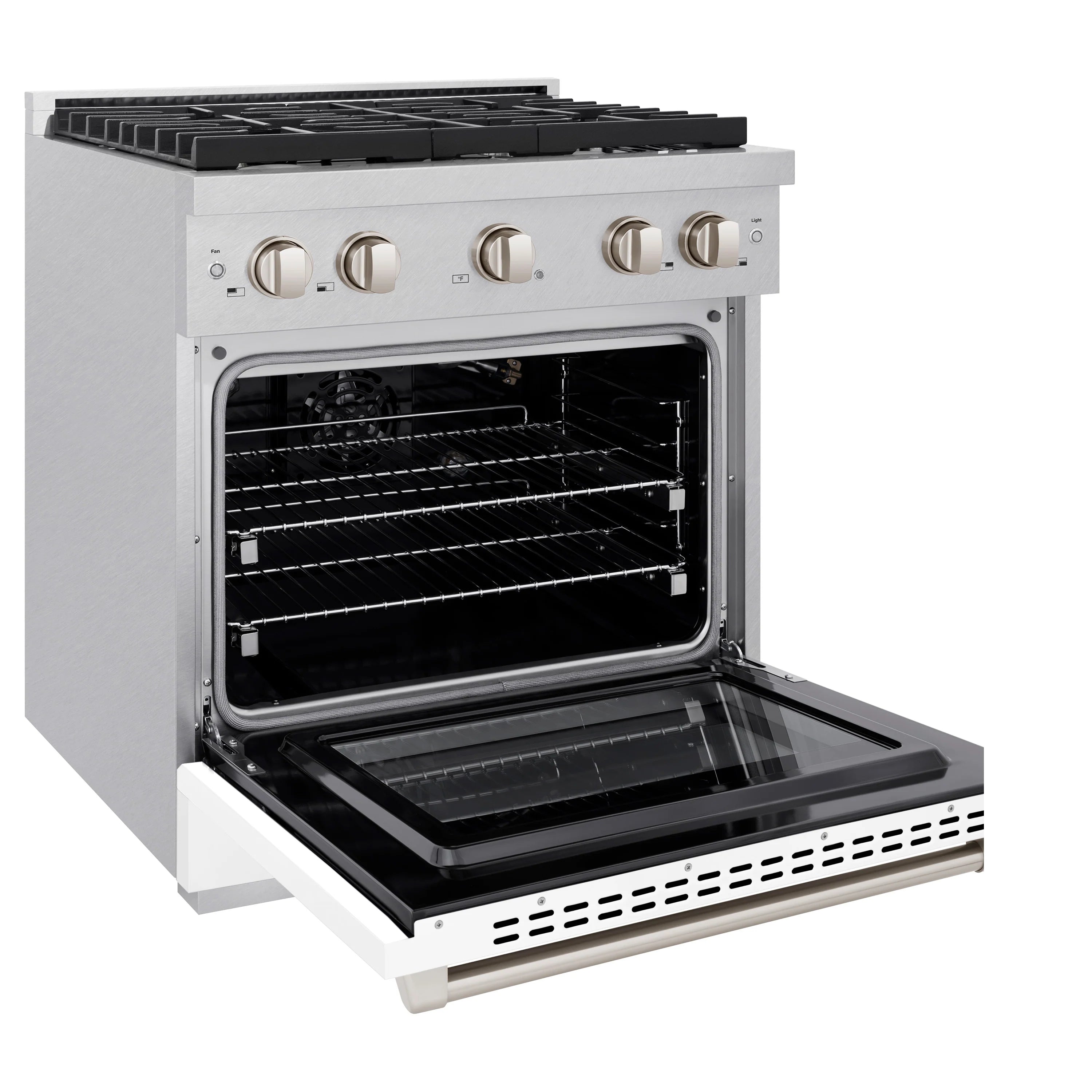 White gas range open oven door with bake racks and front broil drawer