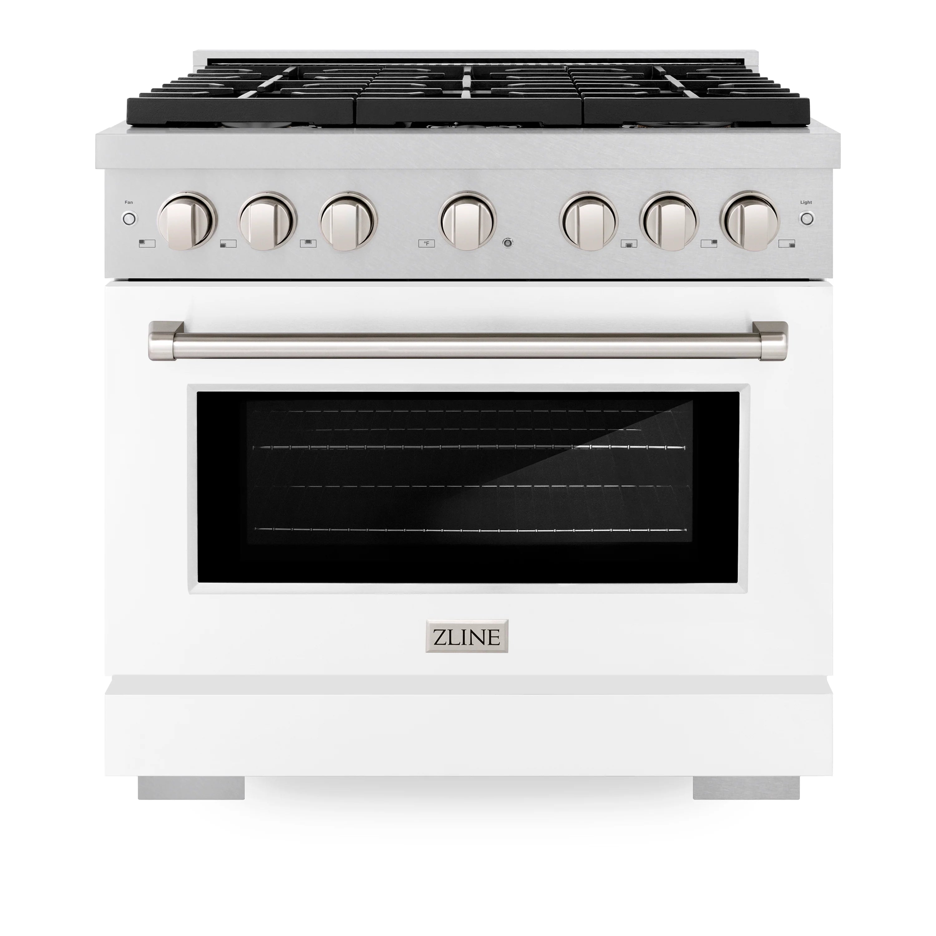 Gas range front with satin stainless finish, control knobs, and black oven window