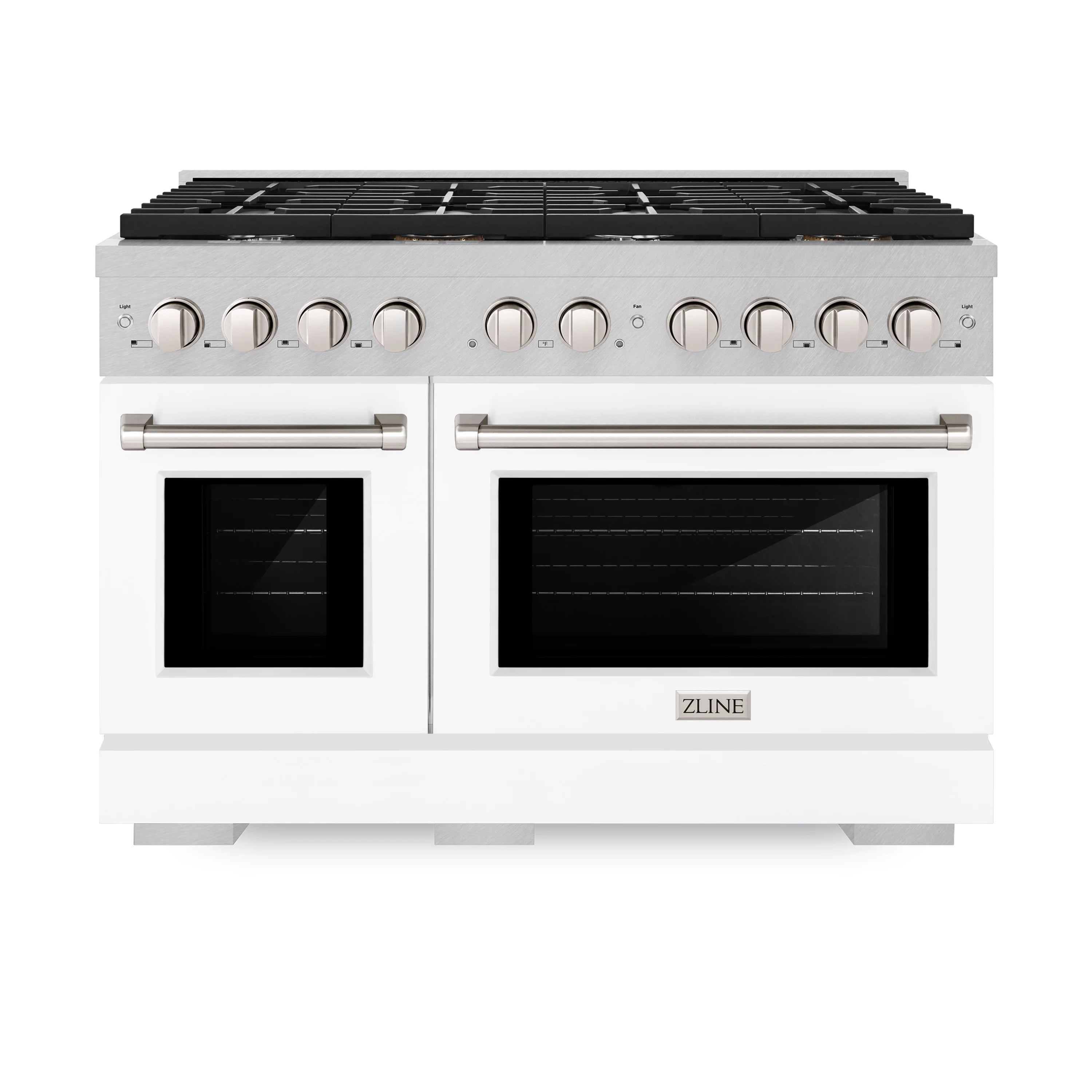 Satin stainless gas range with eight burner grates, front control knobs, and double oven