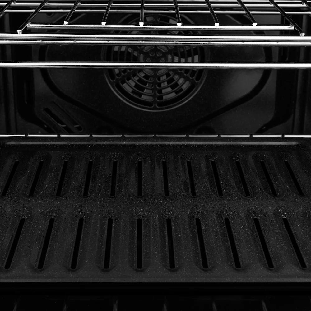 Single wall oven interior heating element and black enamel oven floor with grates
