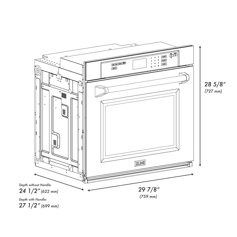 Satin stainless single wall oven with white matte door, handle, and control panel