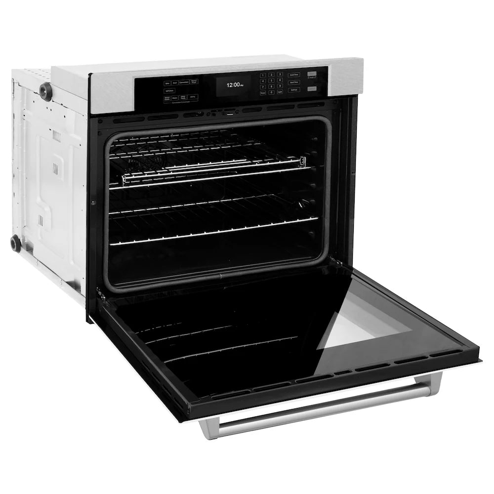 Single wall oven with door open, interior racks and bake heating elements visible