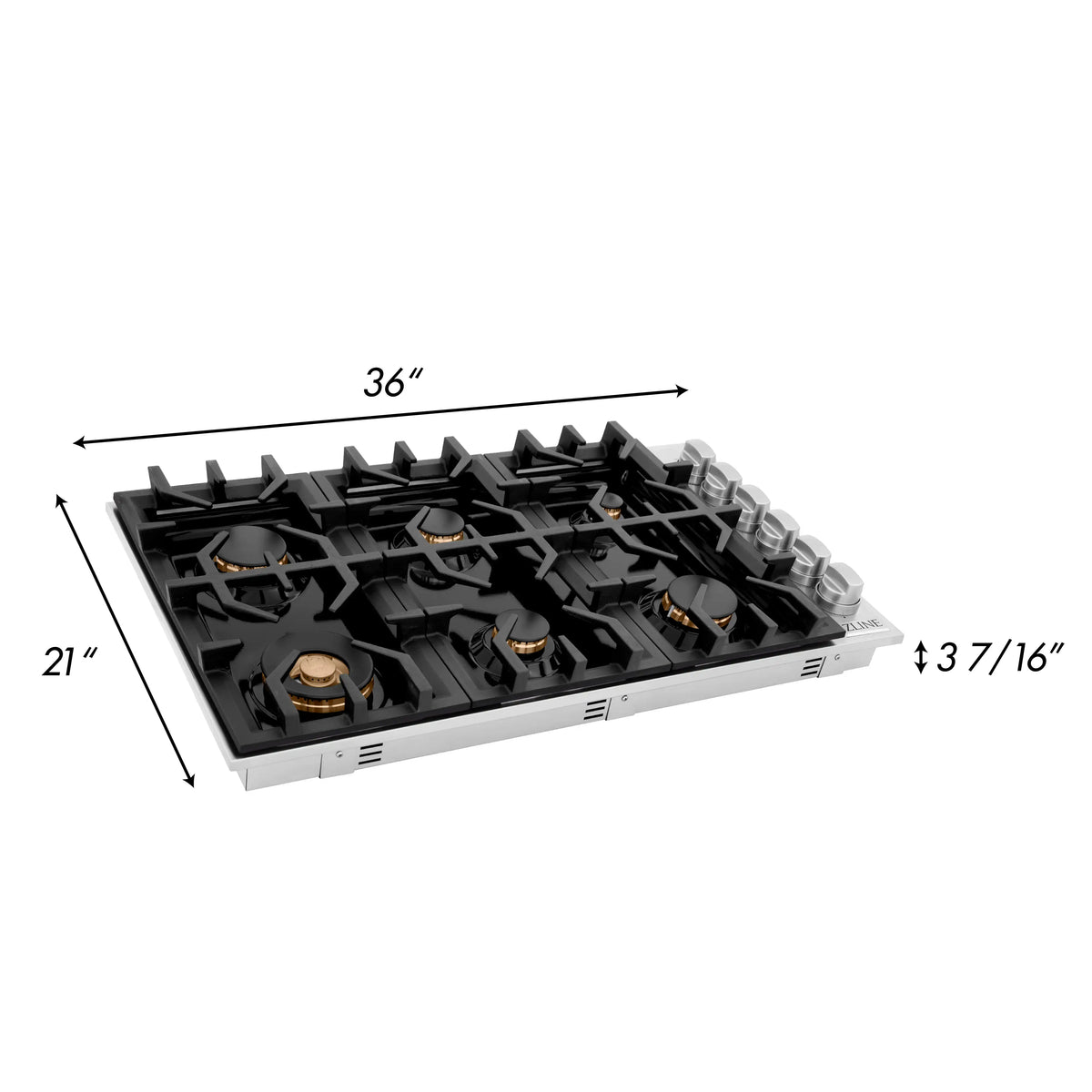 Gas cooktop with black grates and six brass burners on a stainless frame