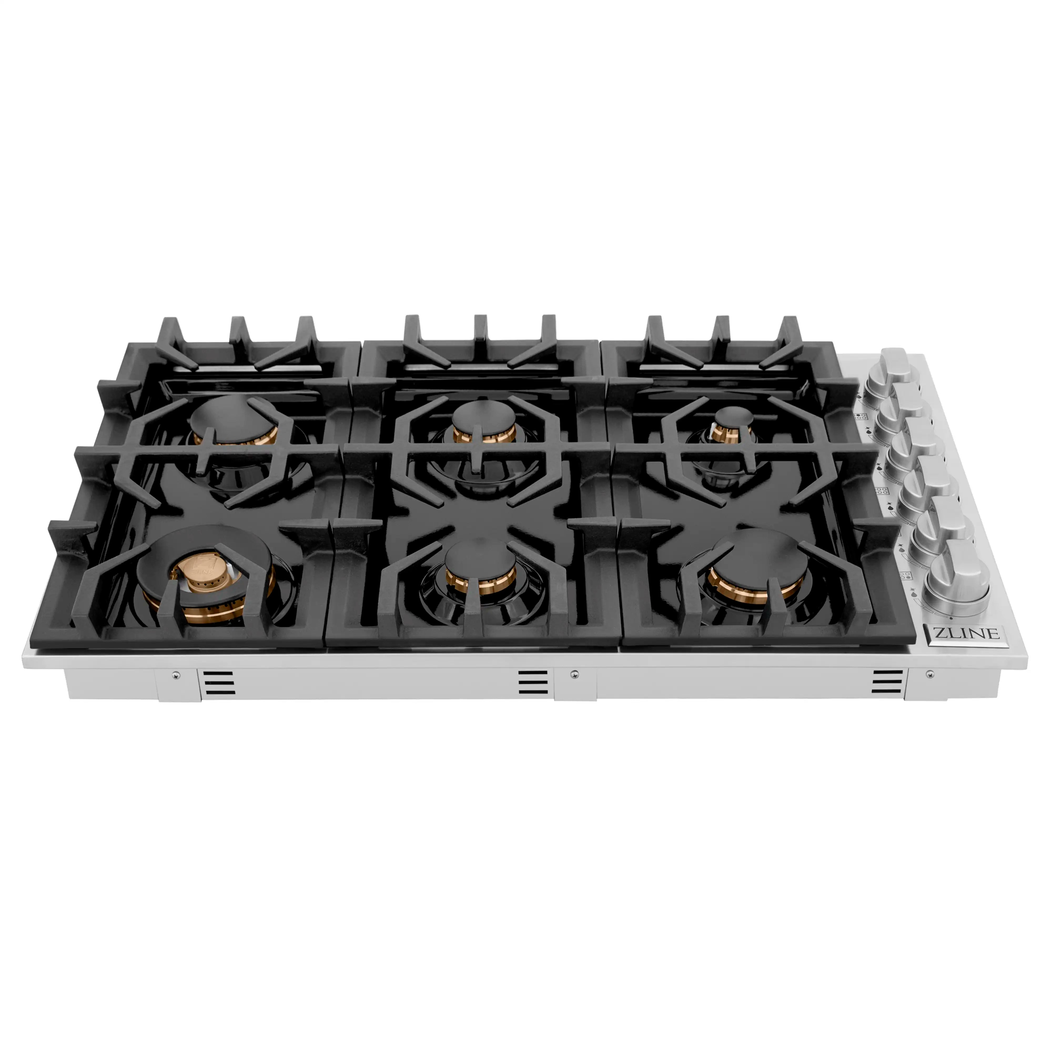 Gas cooktop top view with black grates, six burners, and stainless control panel