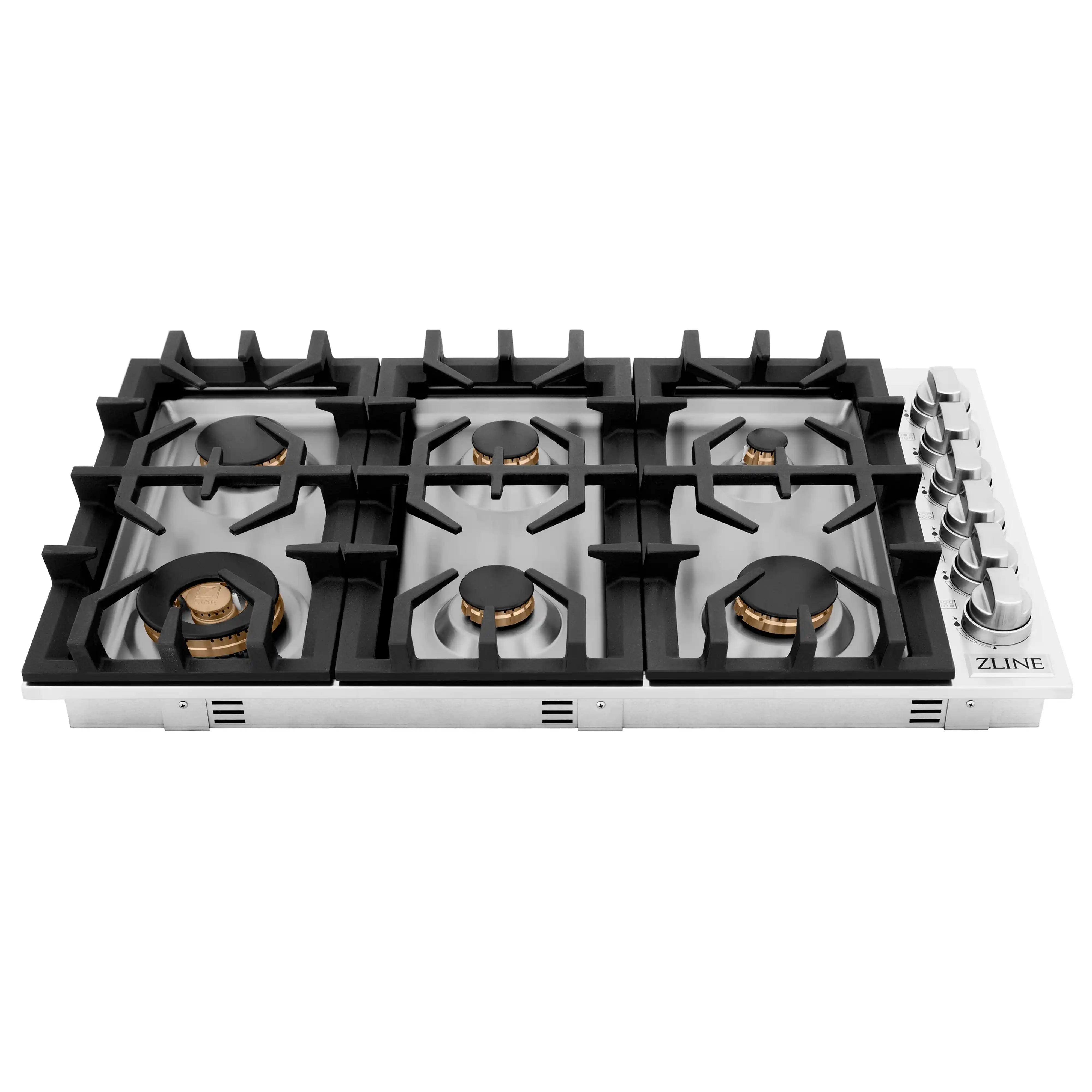 Six-burner gas cooktop with black grates and right-side control knobs
