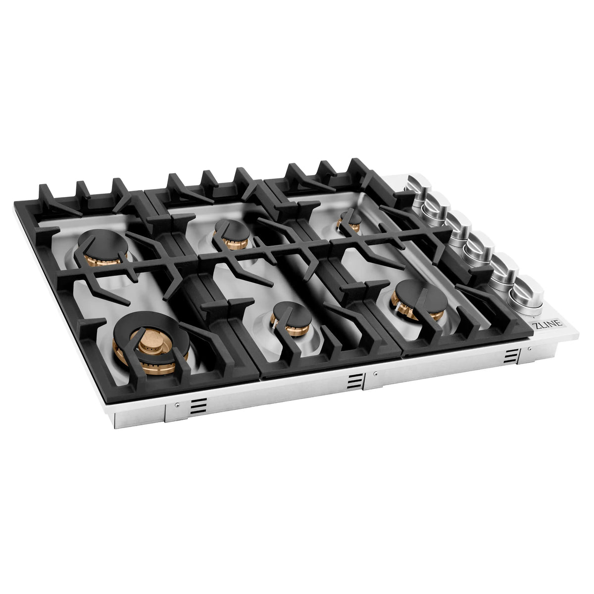 Six-burner gas cooktop with black grates and metal burner knobs, angled view