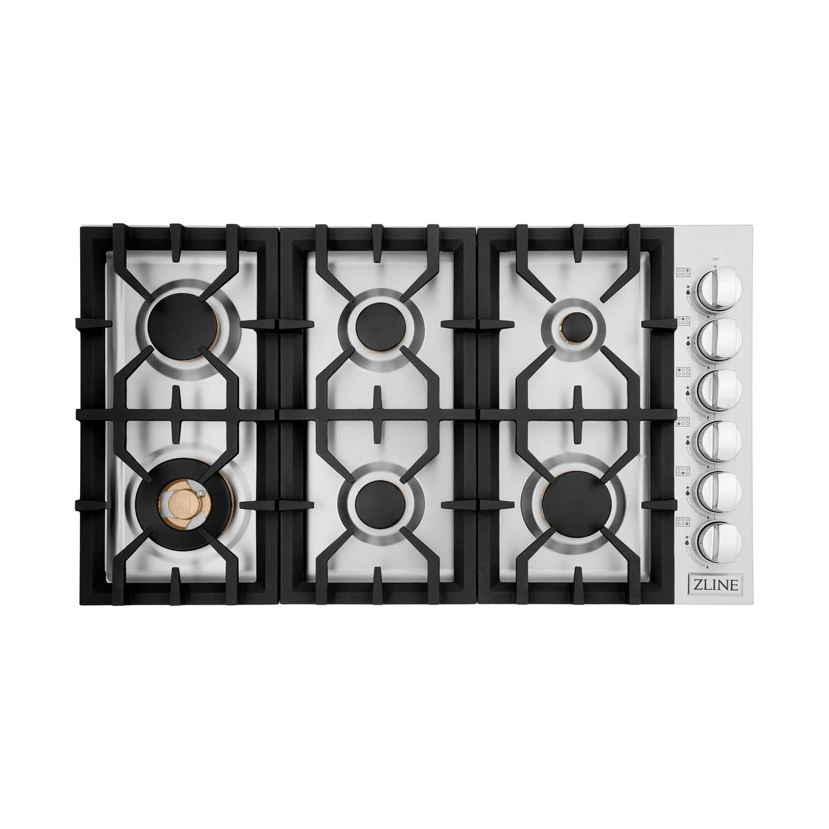 Six-burner gas cooktop with matching black grates and three right control knobs