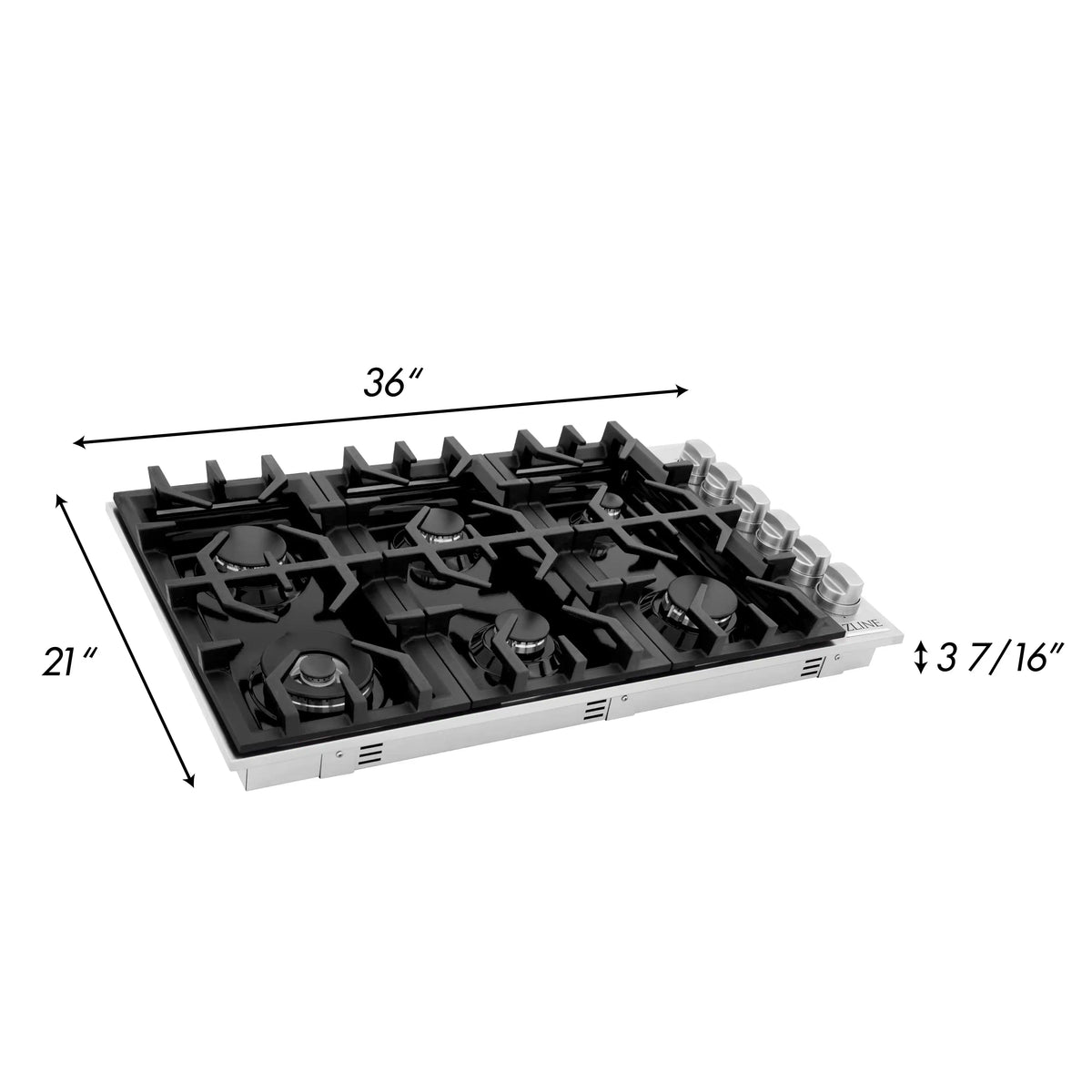 Black gas cooktop with six burners on black porcelain top and silver frame