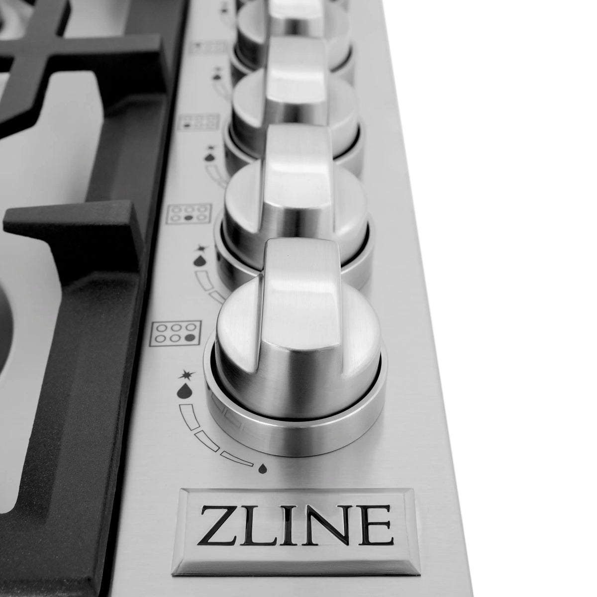 Gas cooktop front control area with stainless knobs and ZLINE label