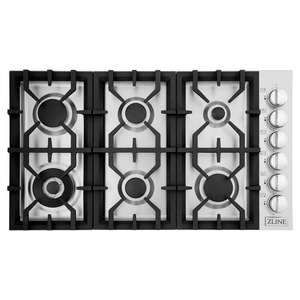 Gas cooktop top view with six burners under black grate covers