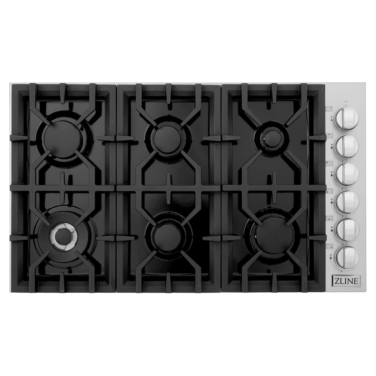 Black gas cooktop with six burners and four control knobs on the right side