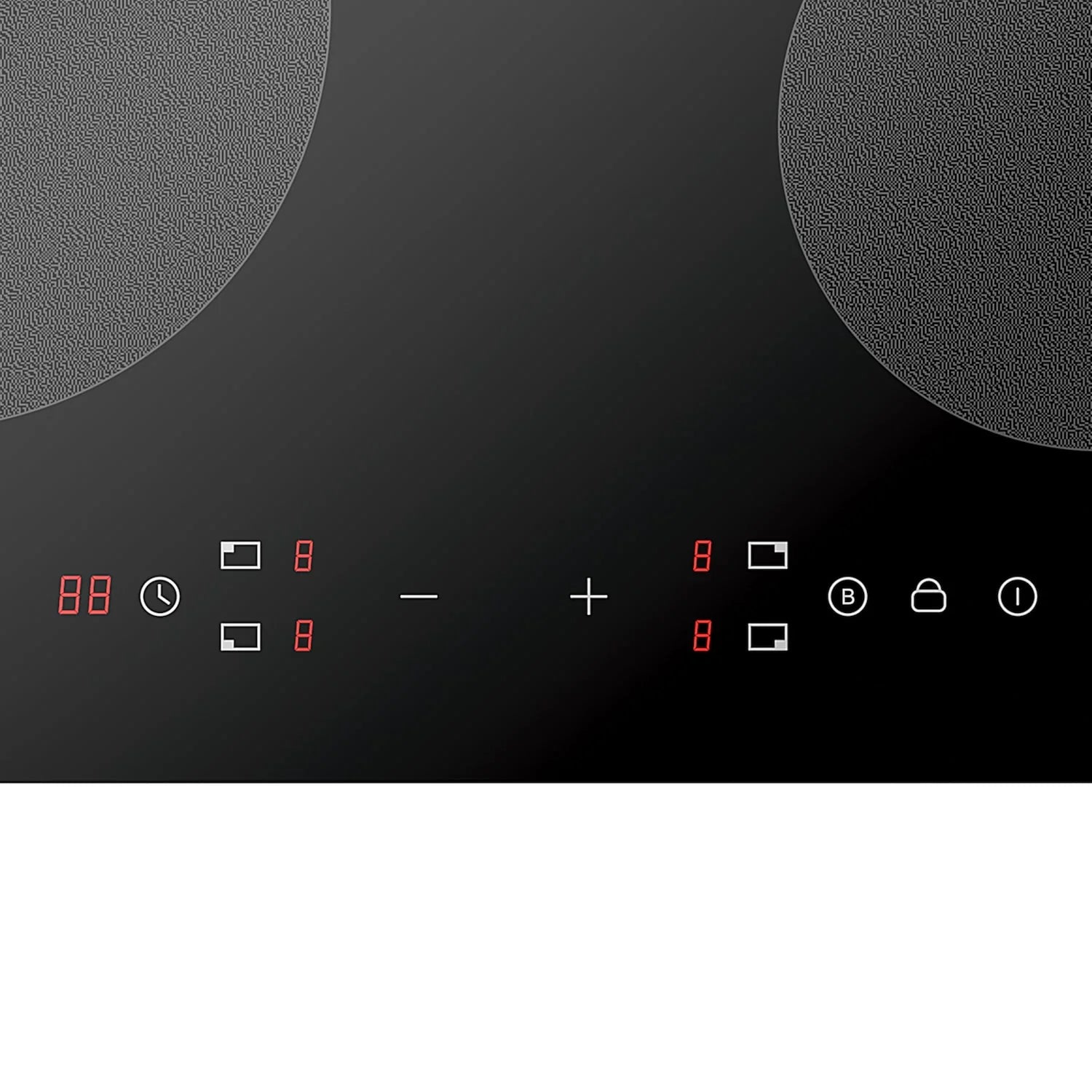 Induction cooktop control panel with plus/minus and red digital indicators