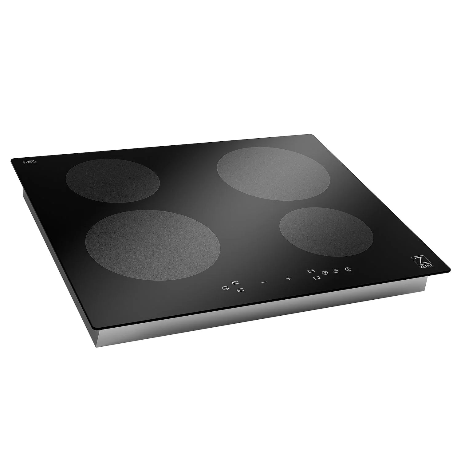Black glass 4-burner induction cooktop with four round cooking zones and control icons