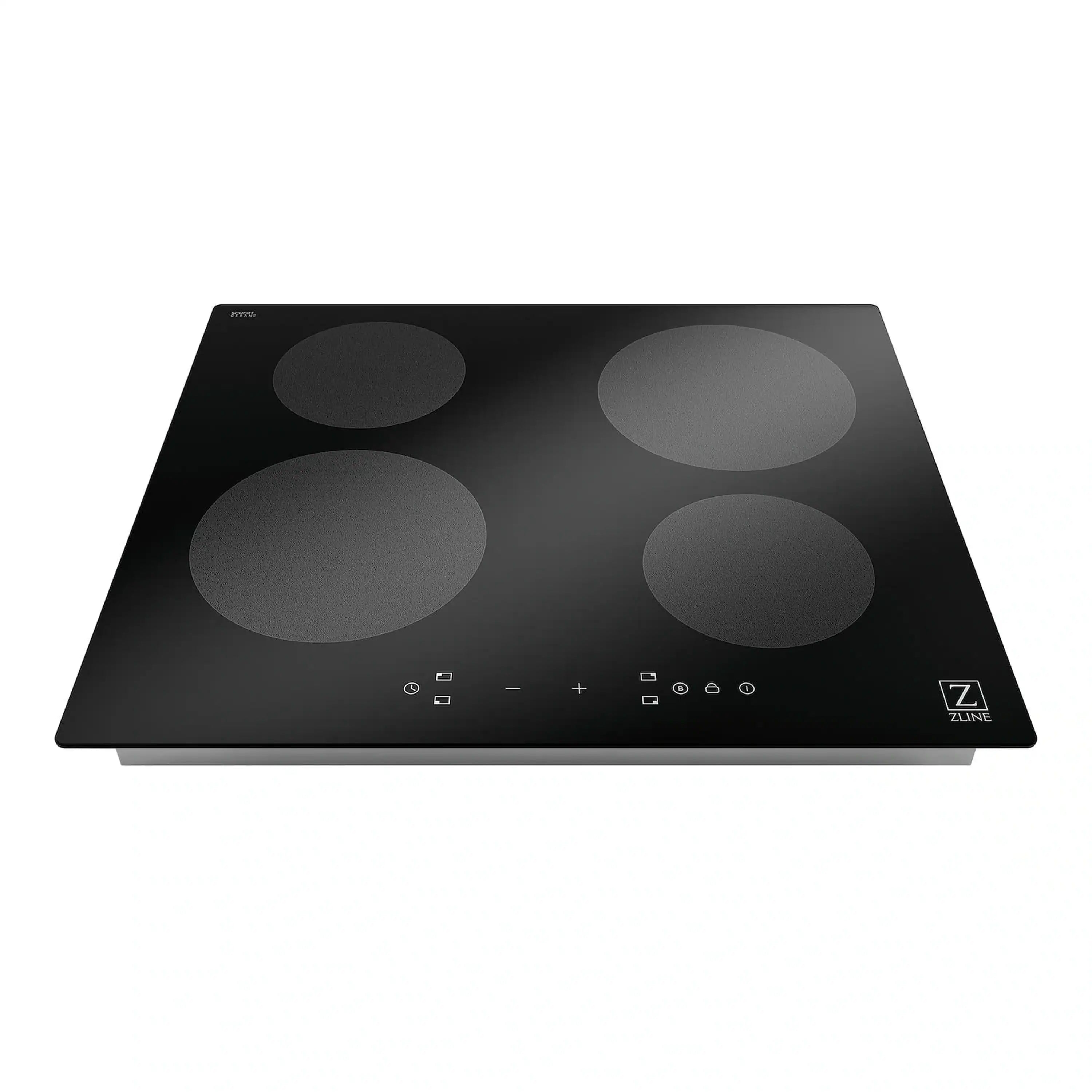 Black glass 4-burner induction cooktop with four round zones and touch controls