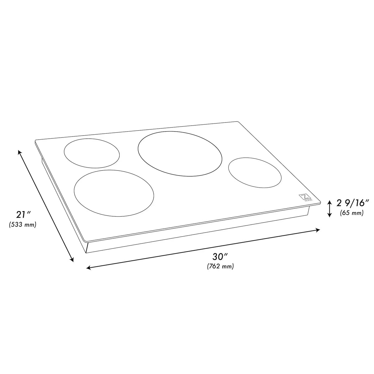ZLINE 30-inch by 21-inch induction cooktop diagram with four cooking zones