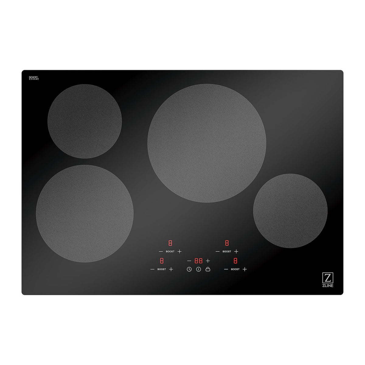 ZLINE induction cooktop with red burner indicators on black glass surface