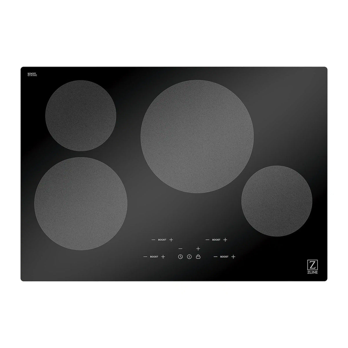ZLINE induction cooktop, black glass with four burner zones and center control panel