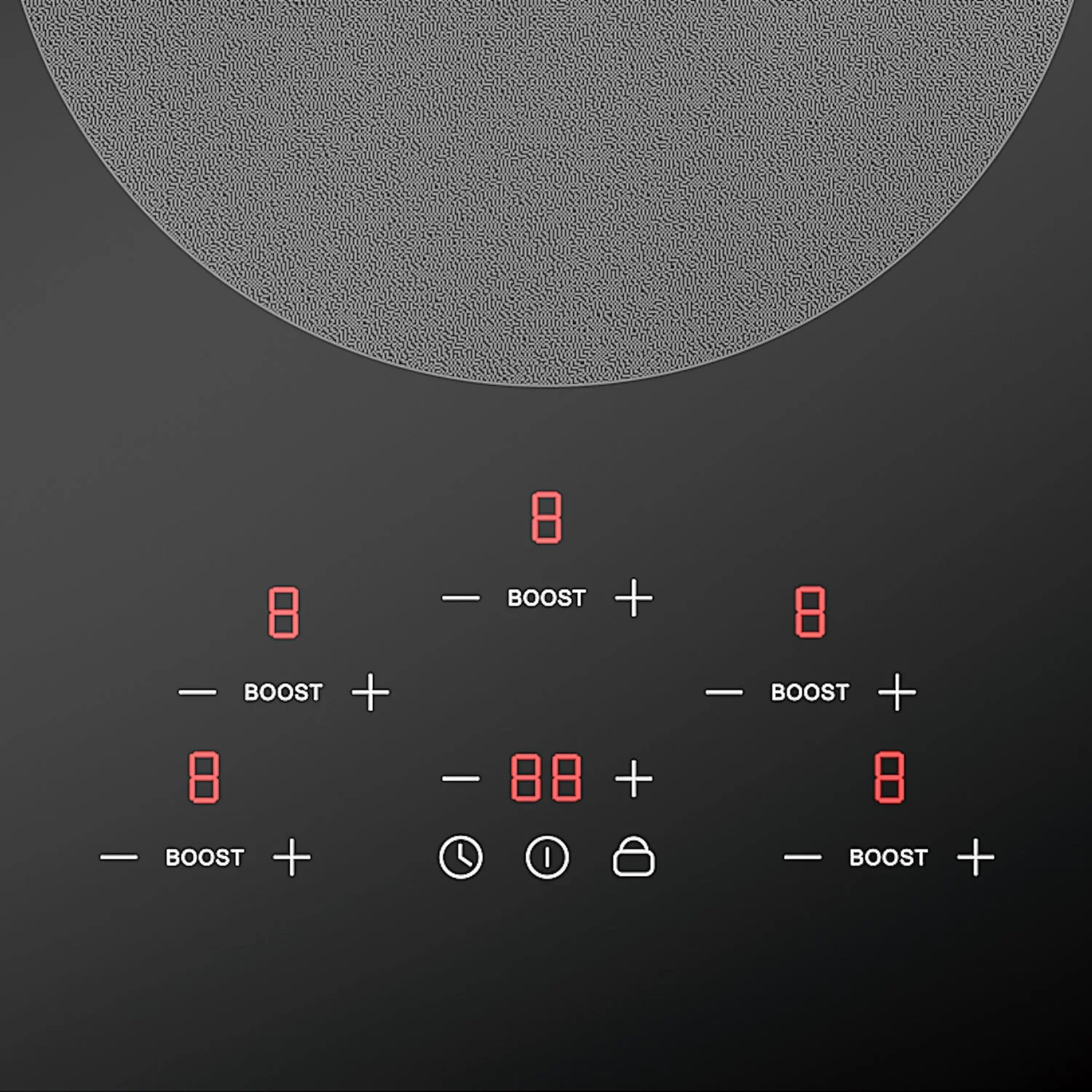 Induction cooktop control area with red digital display and Boost + markings