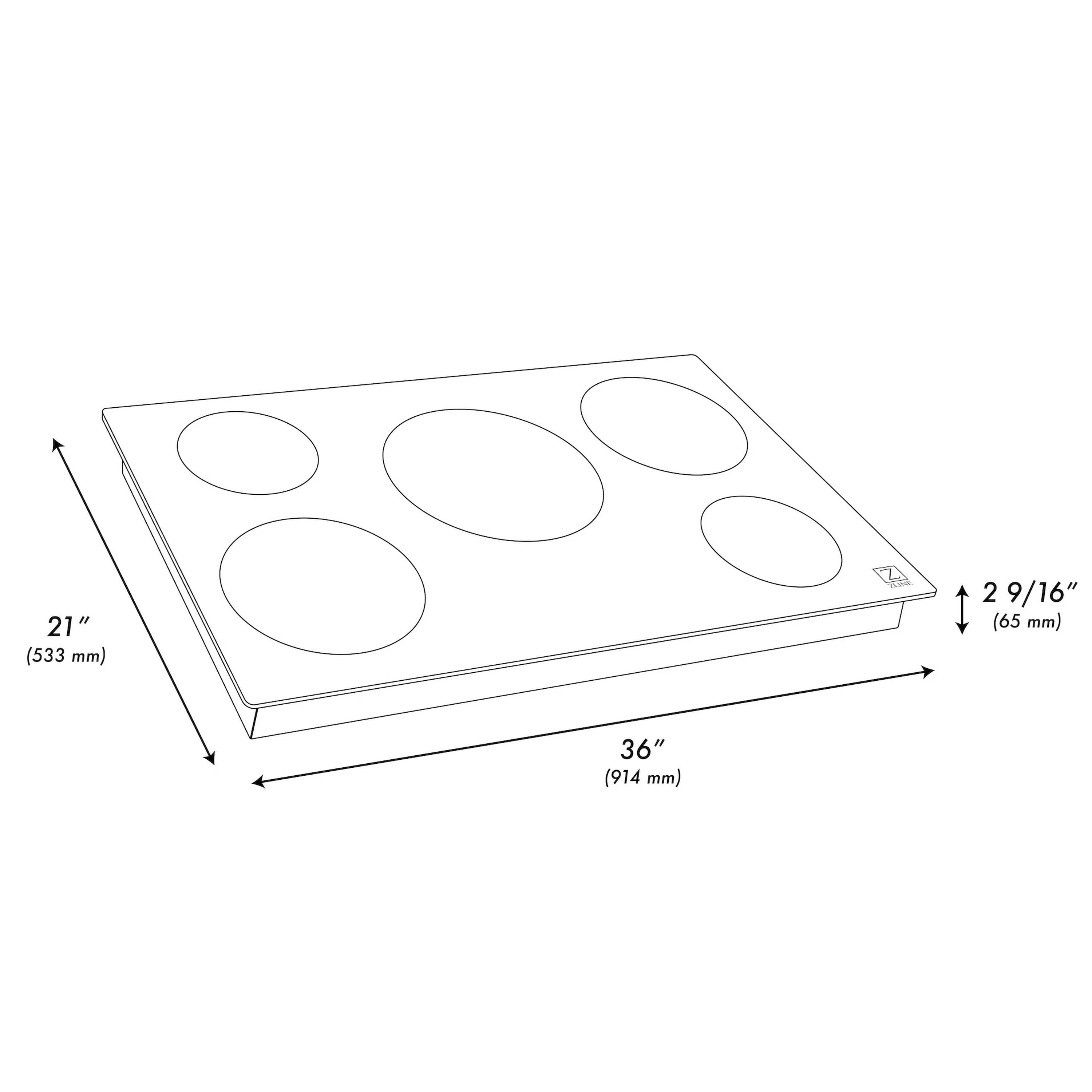 Black glass induction cooktop dimensions diagram, 36 inch width and 21 inch depth