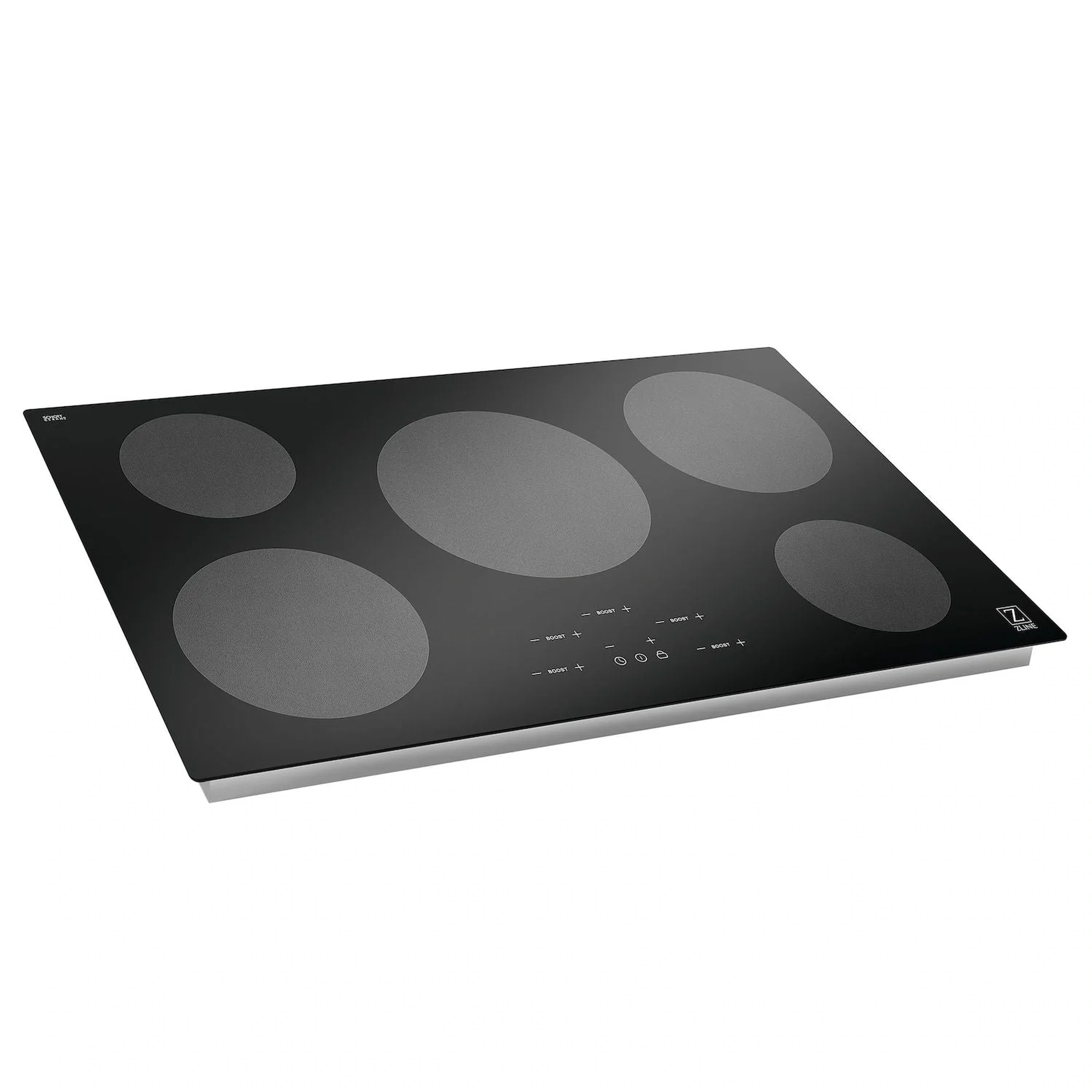 Black glass induction cooktop with five gray burner zones and centered control strip