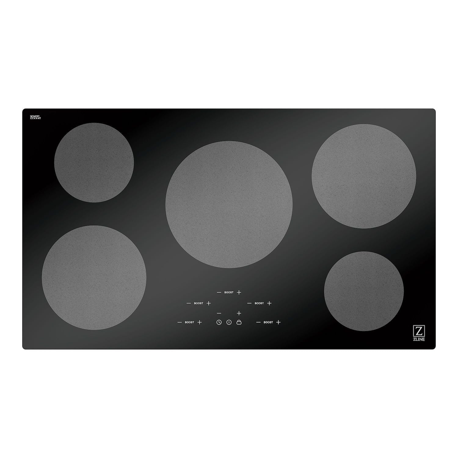 Top view of black glass induction cooktop showing five burner zones and central controls