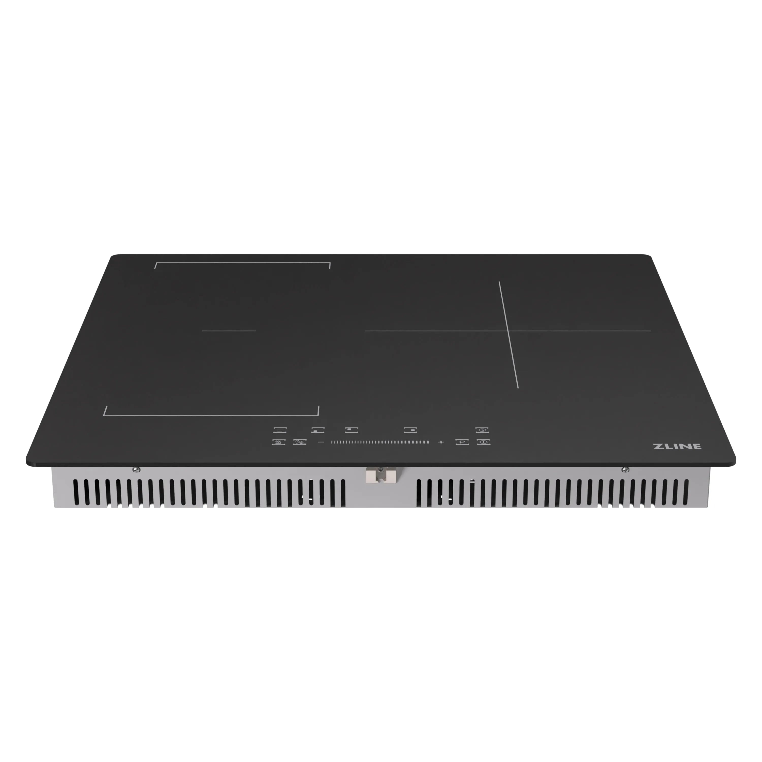 Freestanding view of black induction cooktop with vented base and touch controls