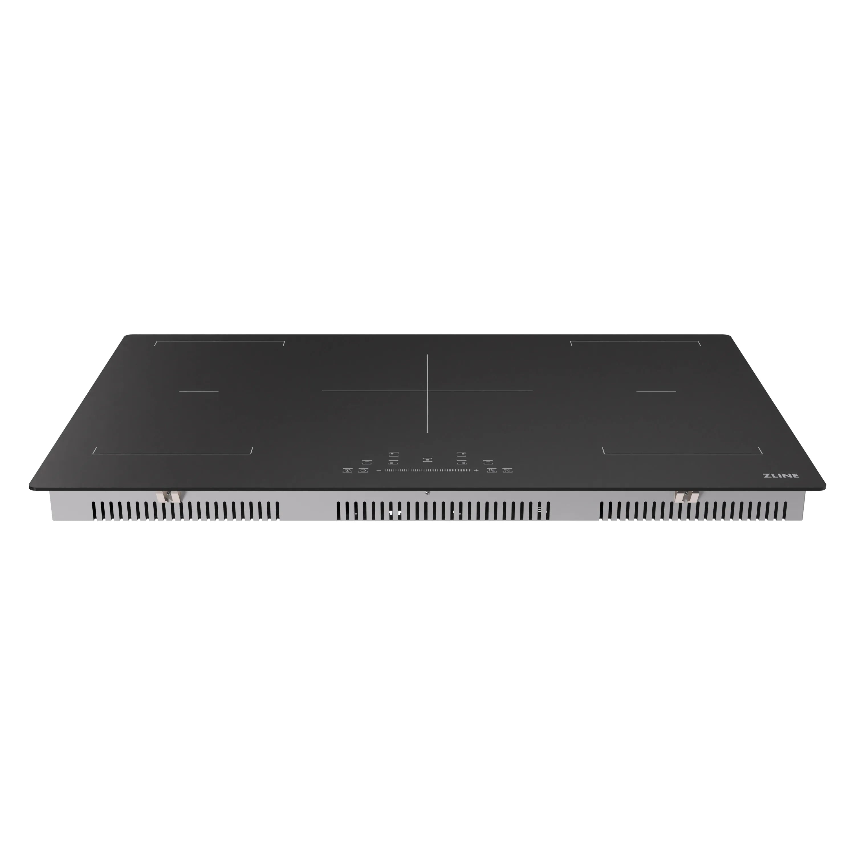 Black induction cooktop with touch controls and vented base along the front edge