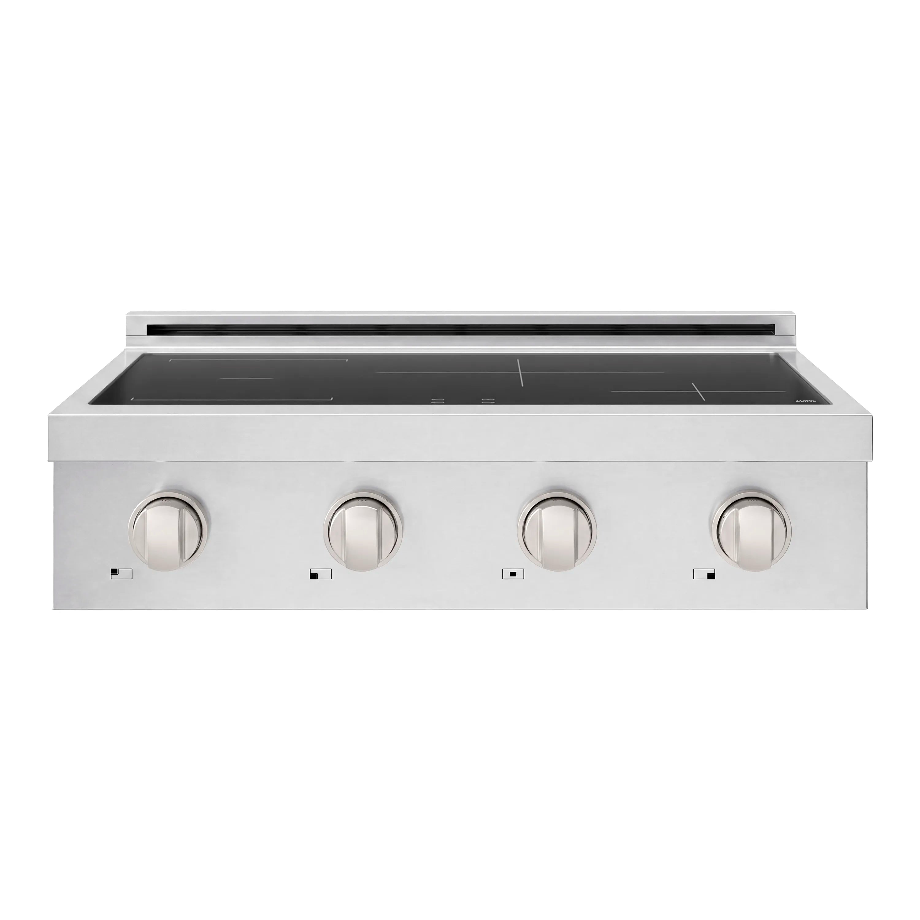 Front view of stainless steel induction cooktop showing four control knobs