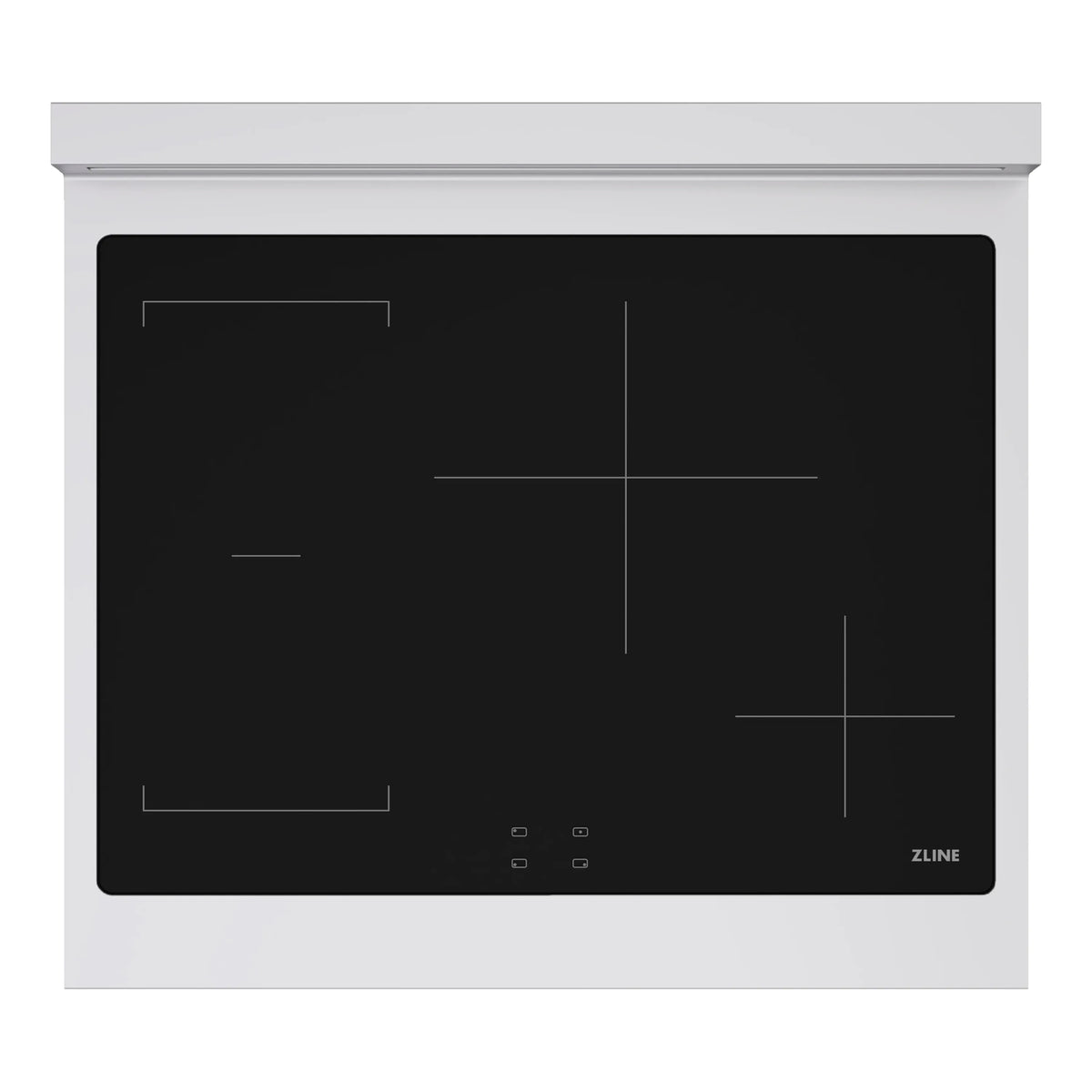 Black glass induction cooktop with four heating zones and slim front indicator controls
